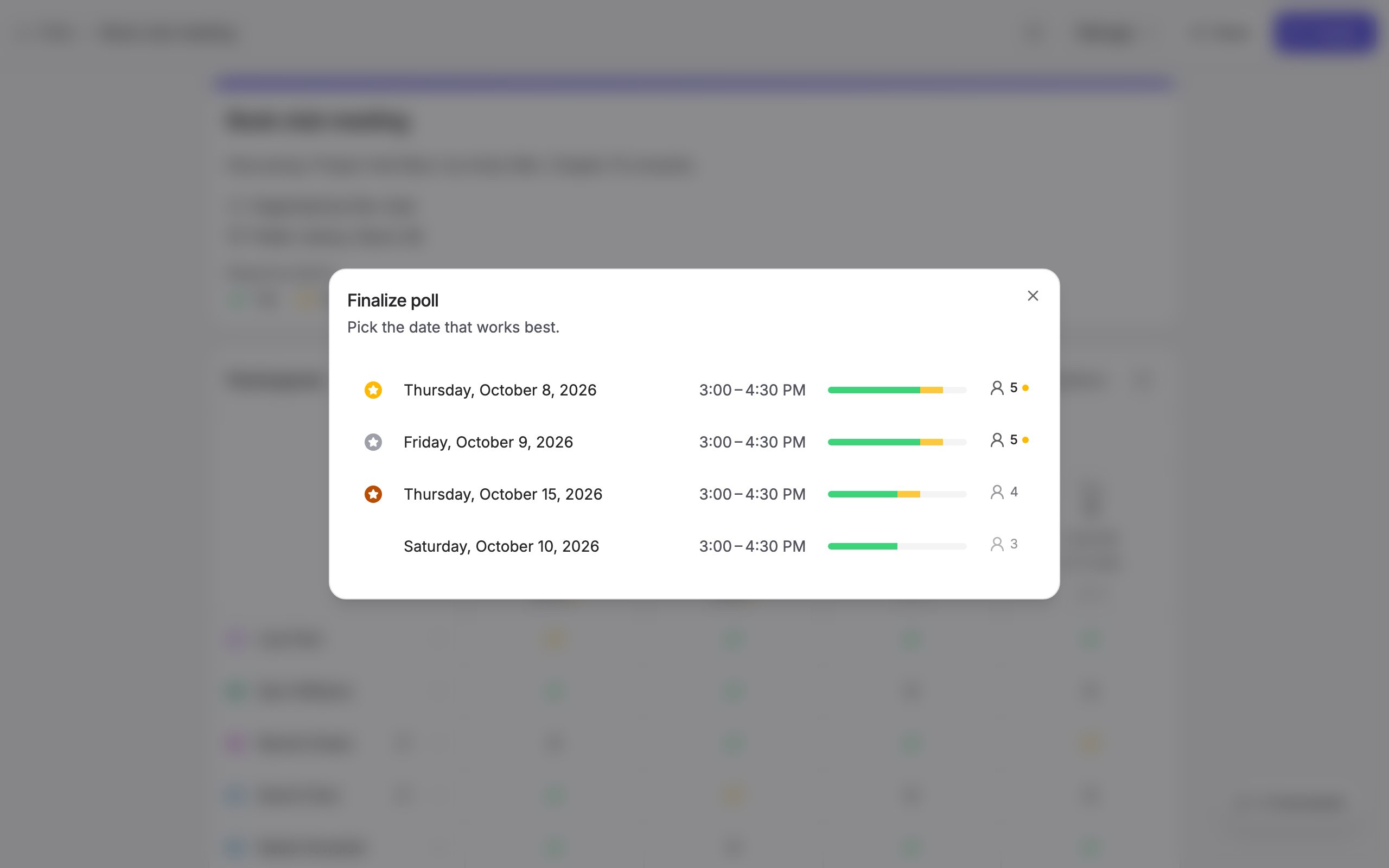 Finalize dialog listing the dates by popularity