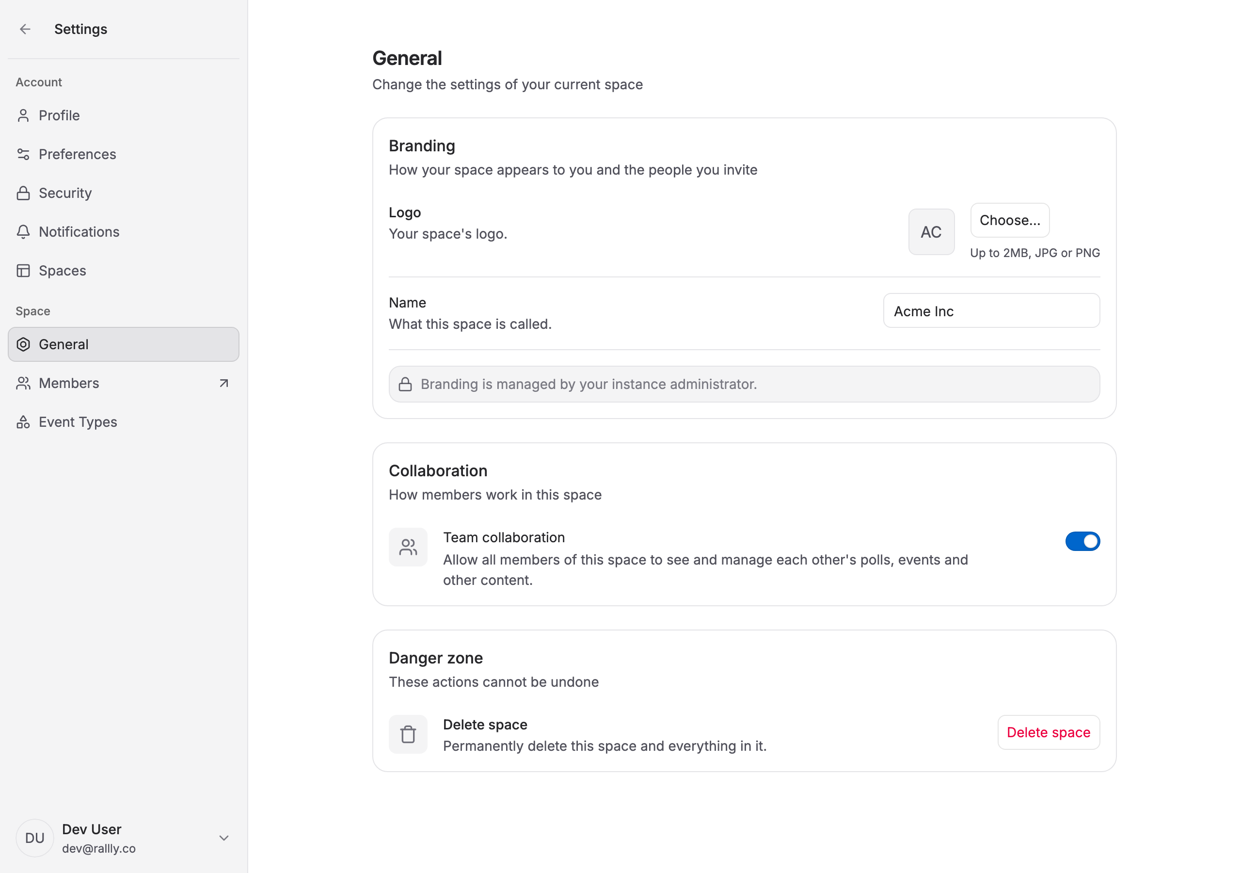 Space settings showing that branding is managed by the instance administrator