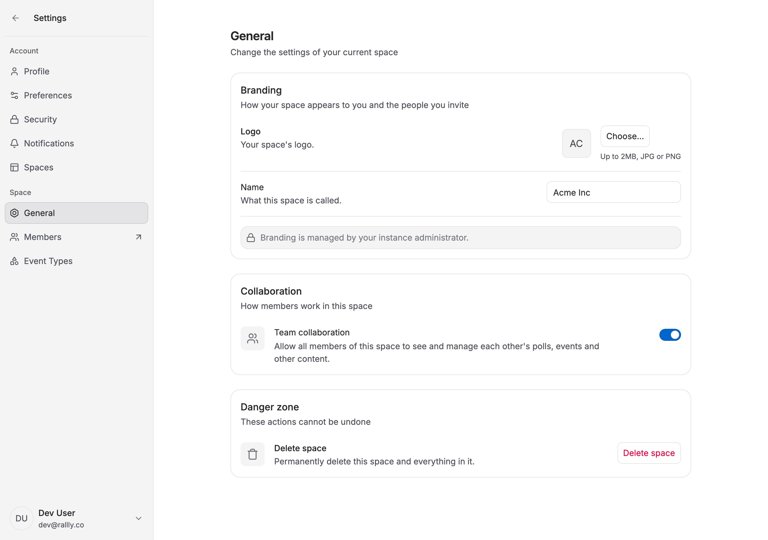Space settings showing that branding is managed by the instance administrator