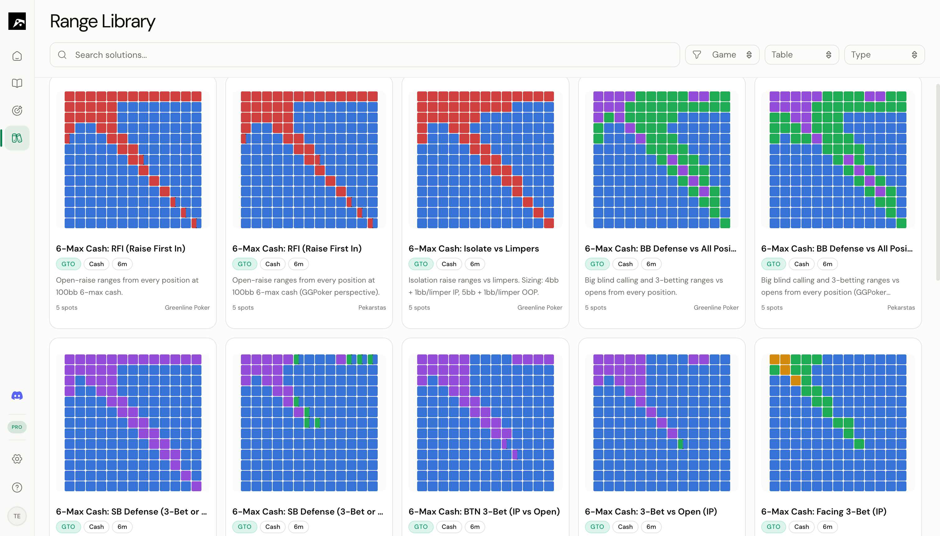 The Range Library showing strategy cards with mini grid thumbnails, GTO badges, game format tags, and filter controls