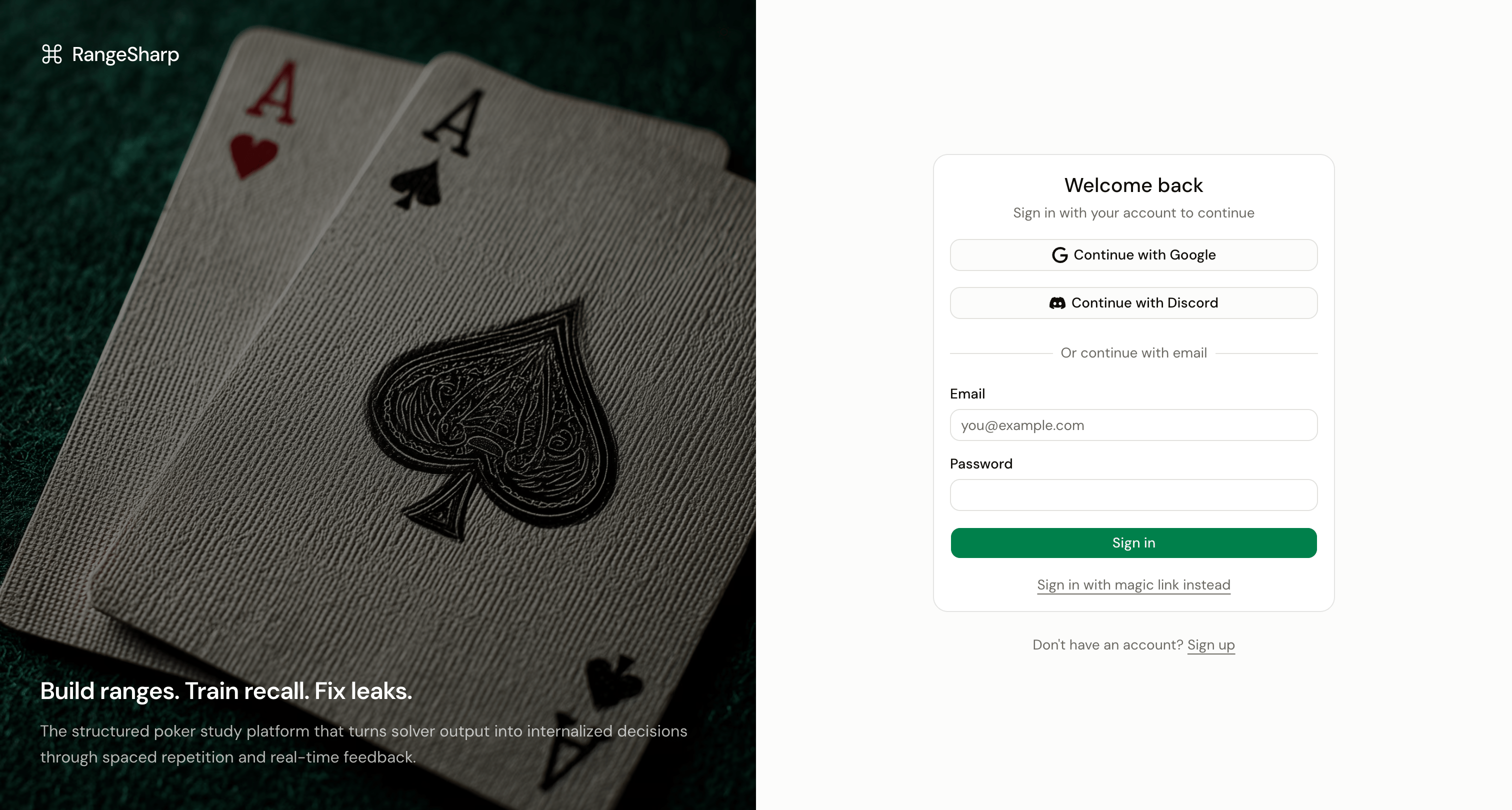 RangeSharp sign-in page with Google, Discord, email, and magic link options