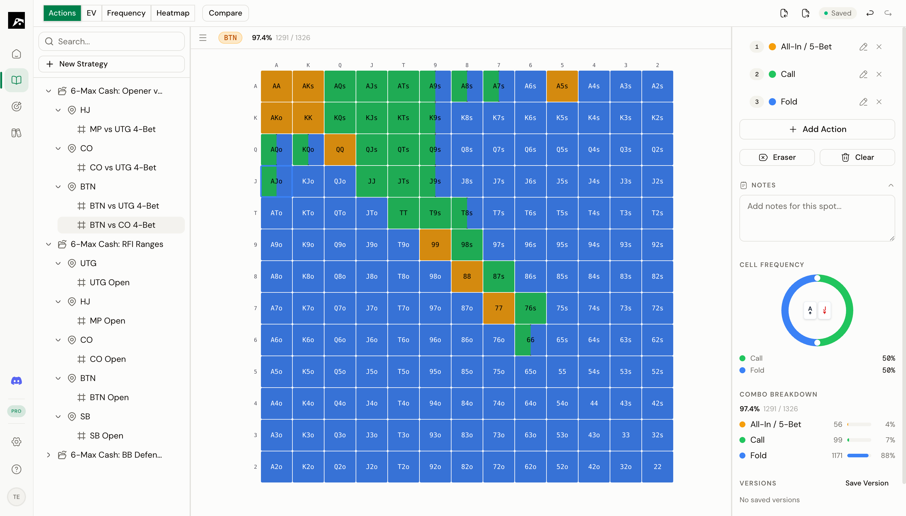 The Study workspace showing the strategy tree on the left, range grid in the center, and action palette with frequency controls on the right