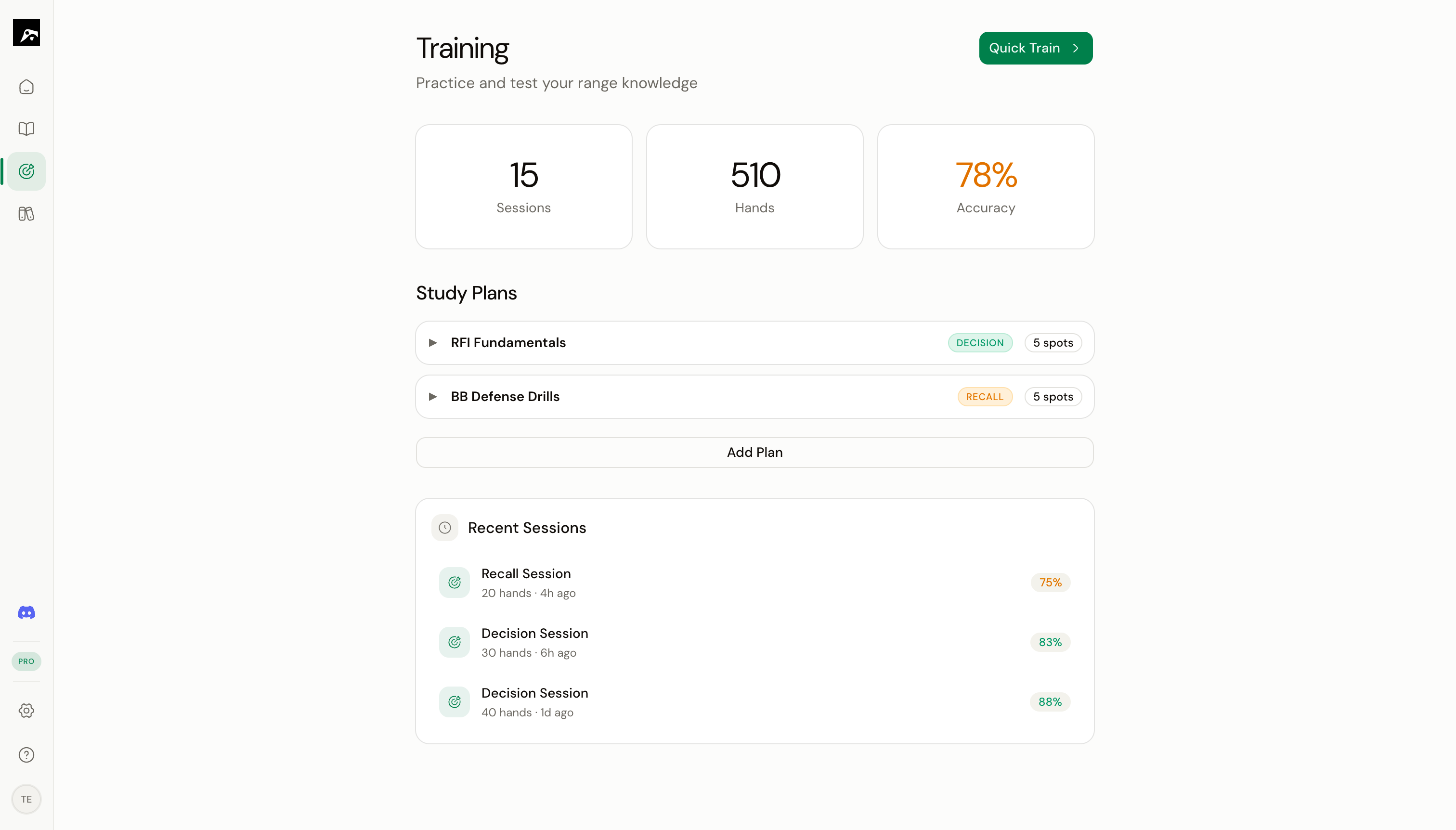 The Training section showing overall stats, study plans with Decision and Recall modes, and recent session history