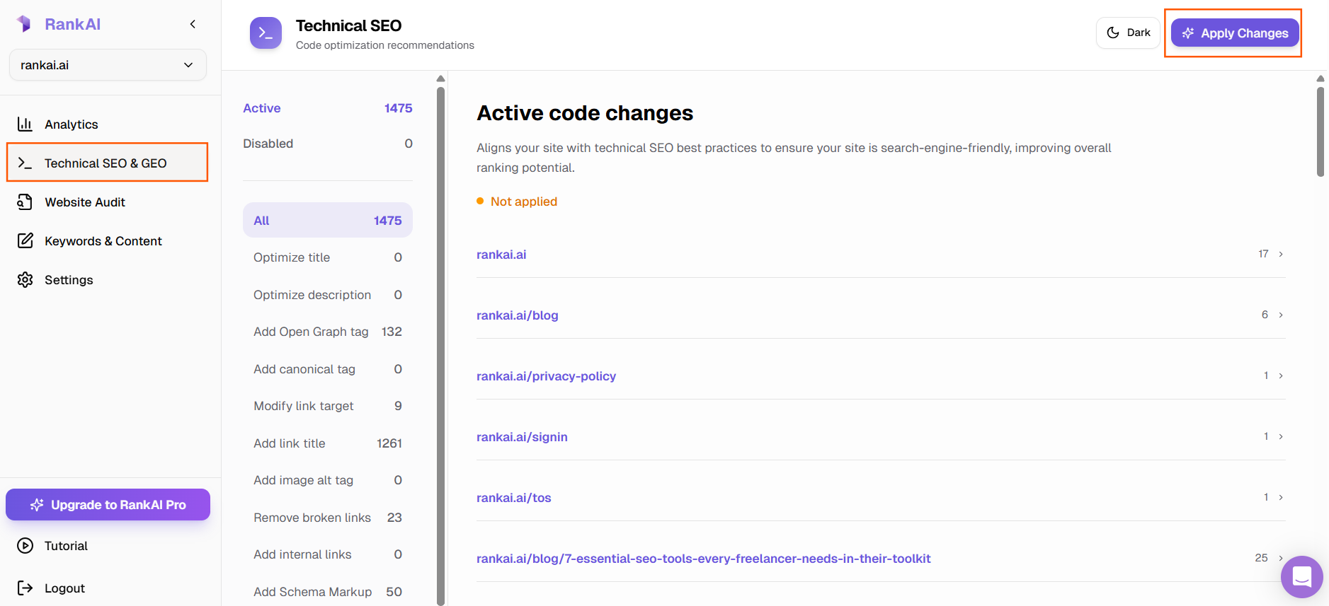 Apply Changes button in Technical SEO