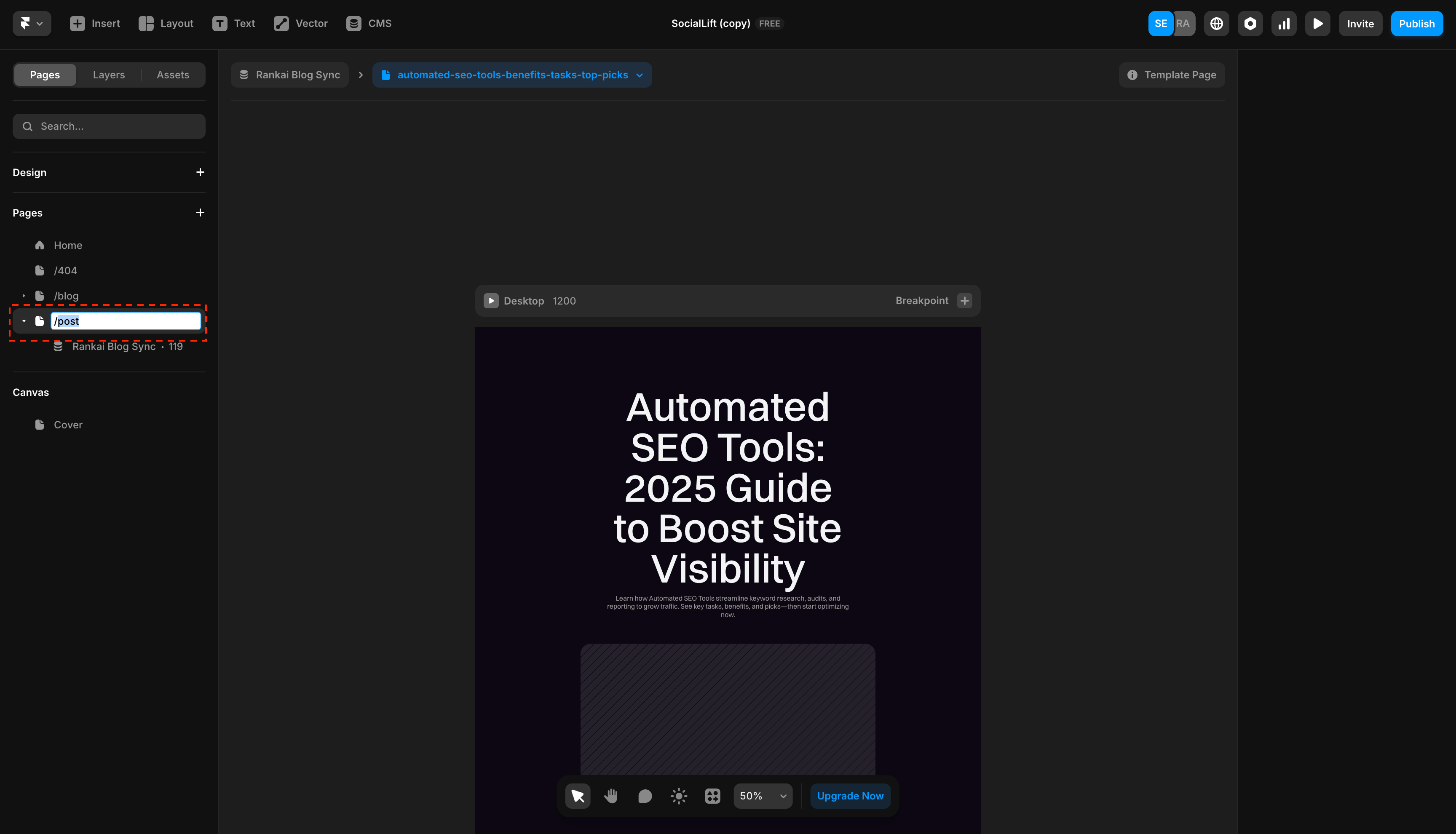 Framer sidebar showing the option to change the page path