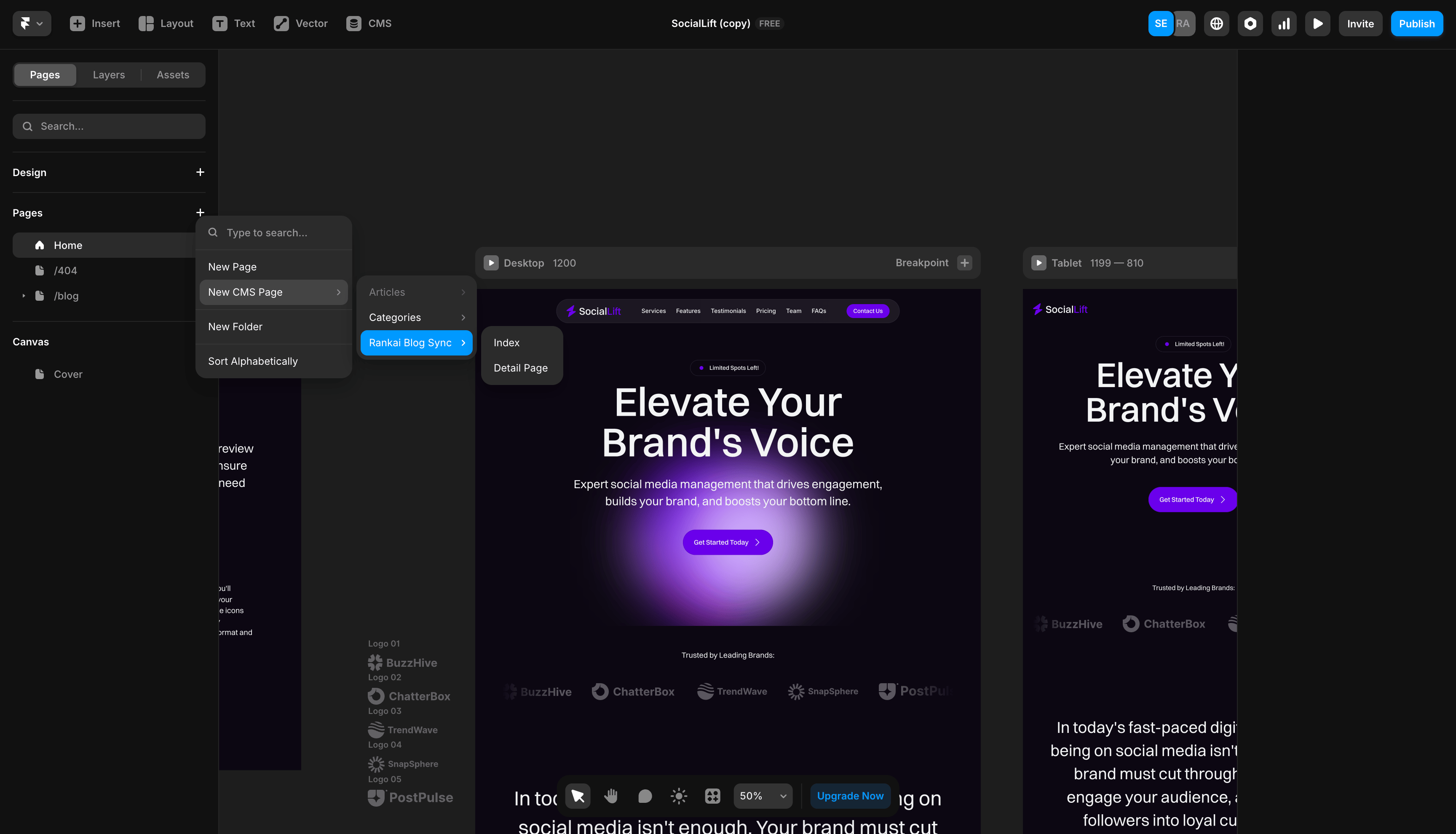 Framer Pages menu showing the option to create a new CMS page