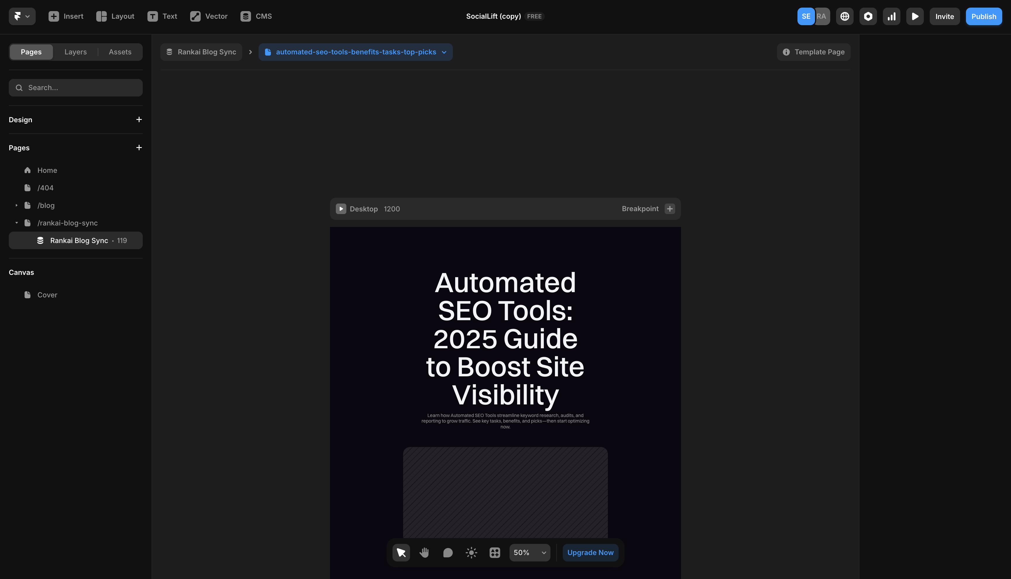 Framer sidebar showing the created RankAI CMS page