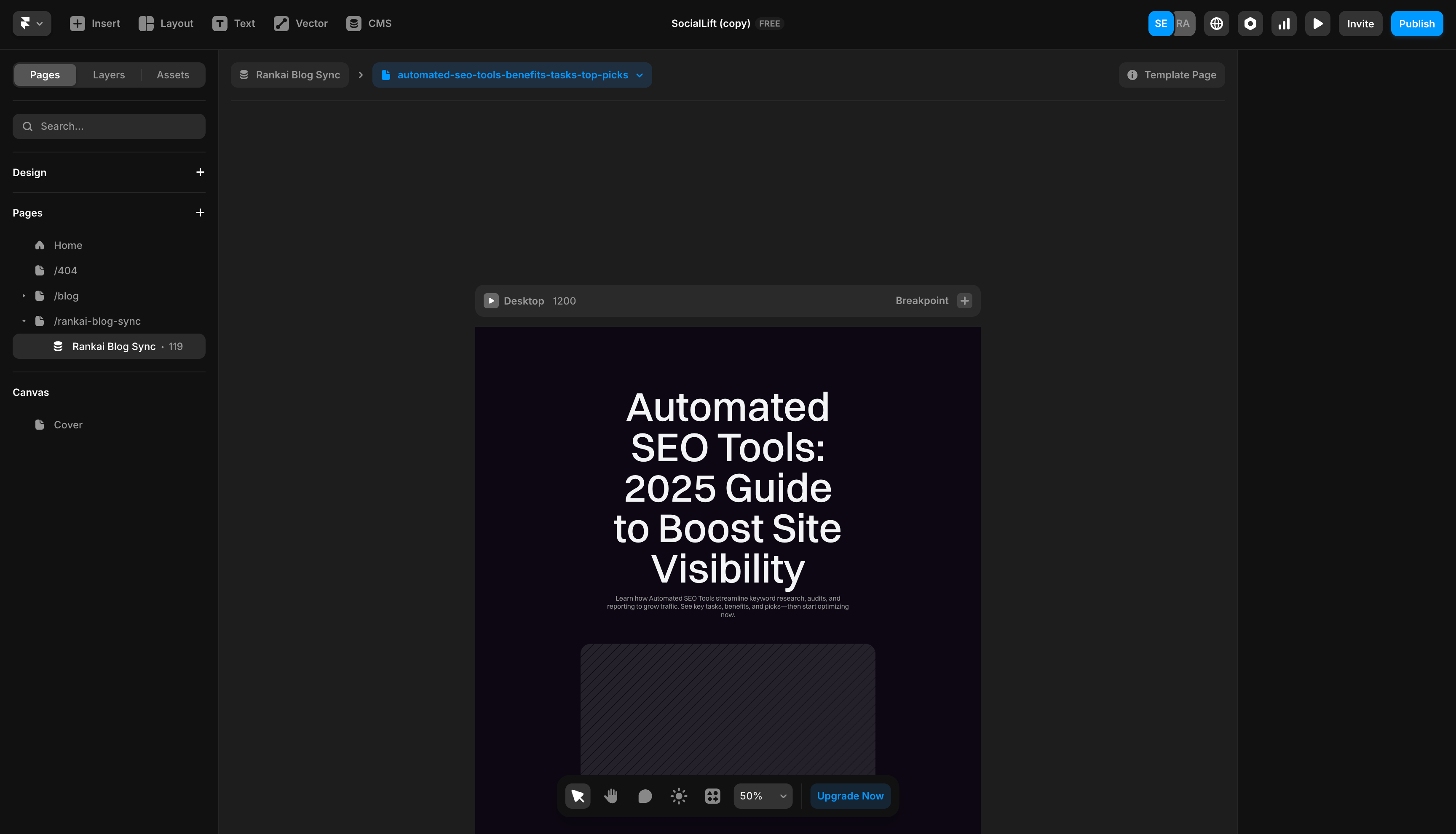 Framer sidebar showing the created RankAI CMS page