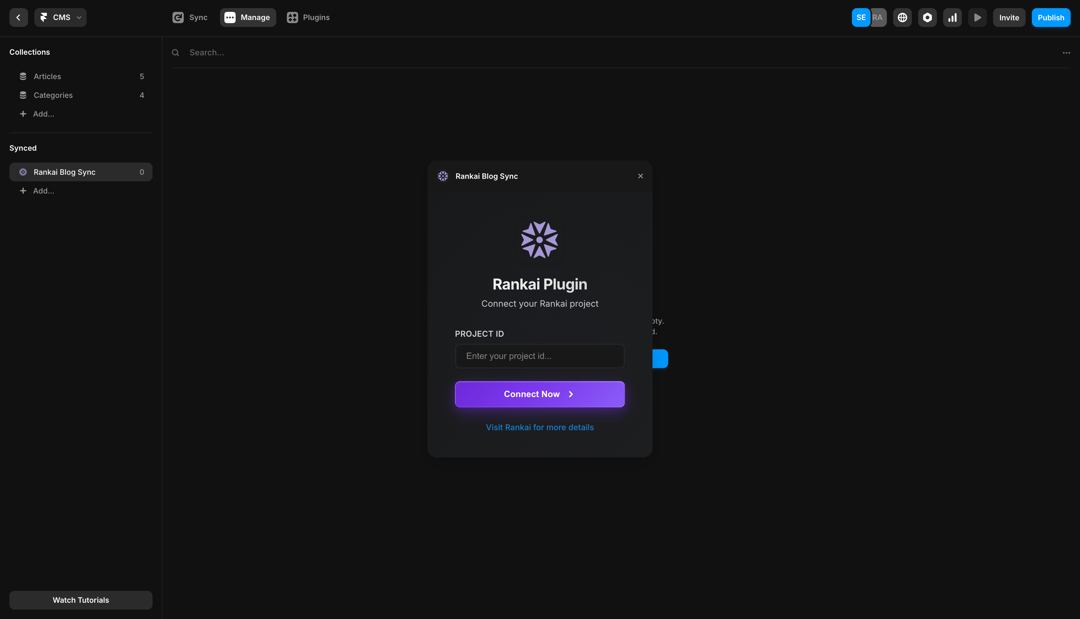 RankAI plugin in Framer with a Project ID field