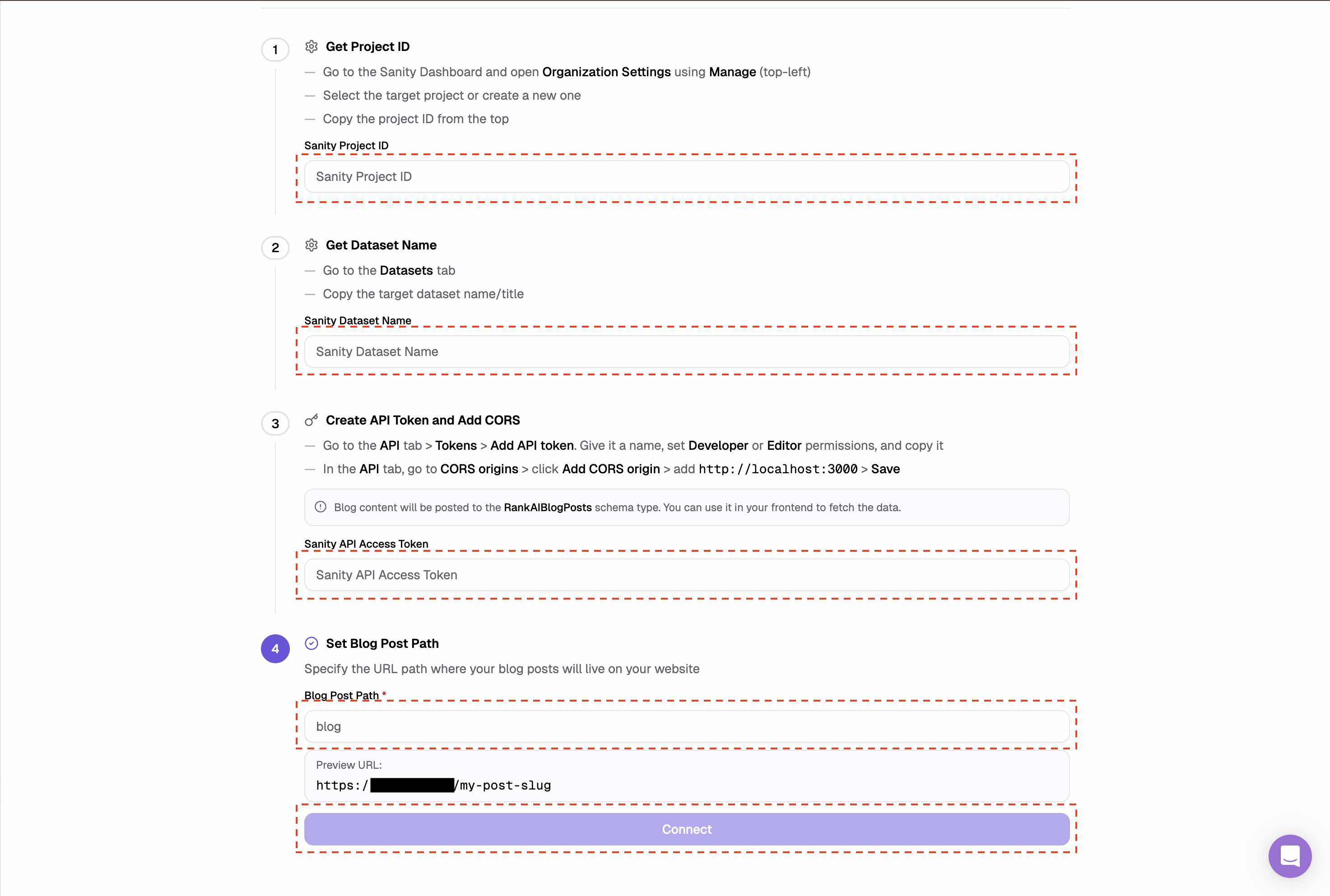 RankAI Sanity integration form with Project ID, Dataset Name, and API Access Token fields