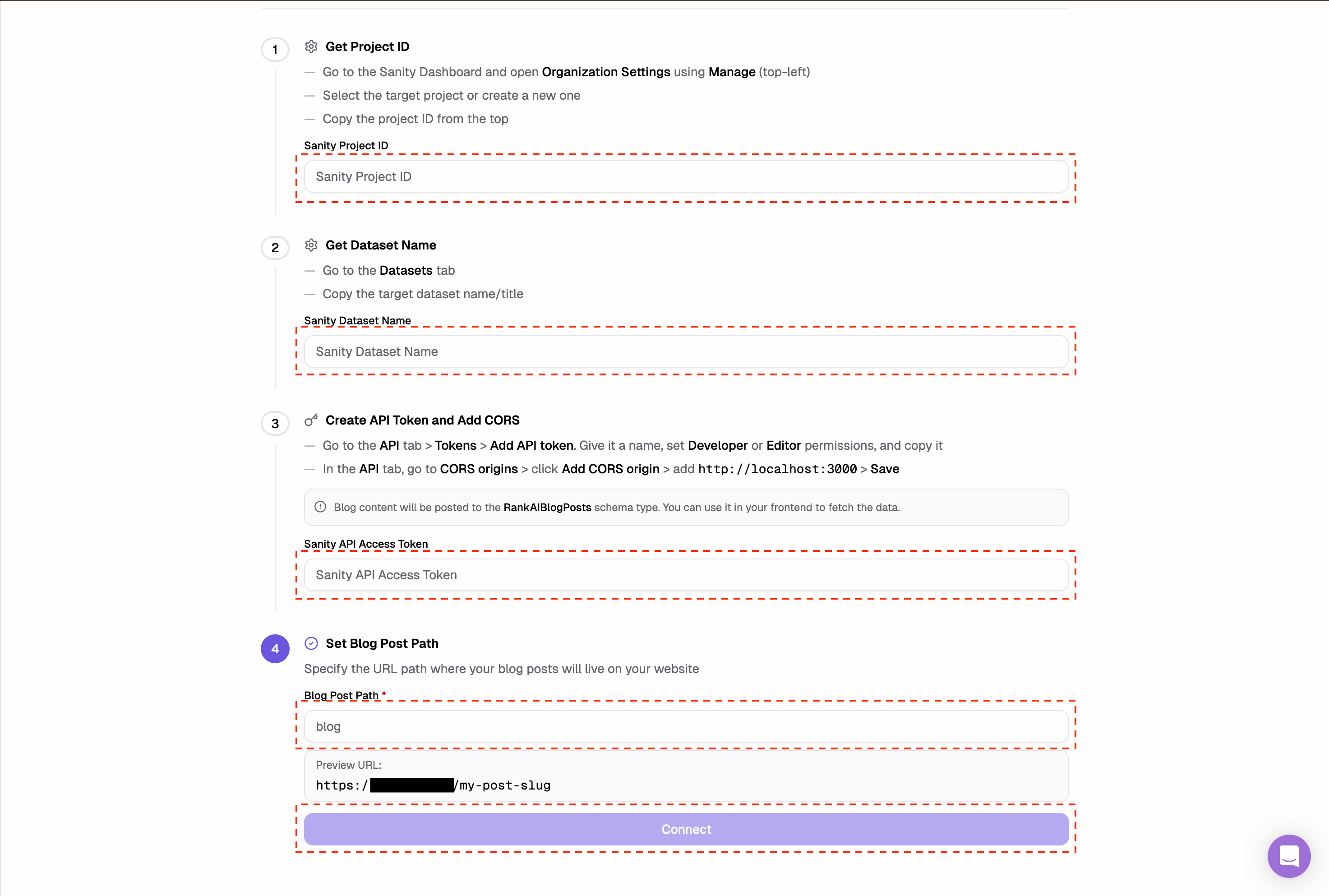 RankAI Sanity integration form with Project ID, Dataset Name, and API Access Token fields