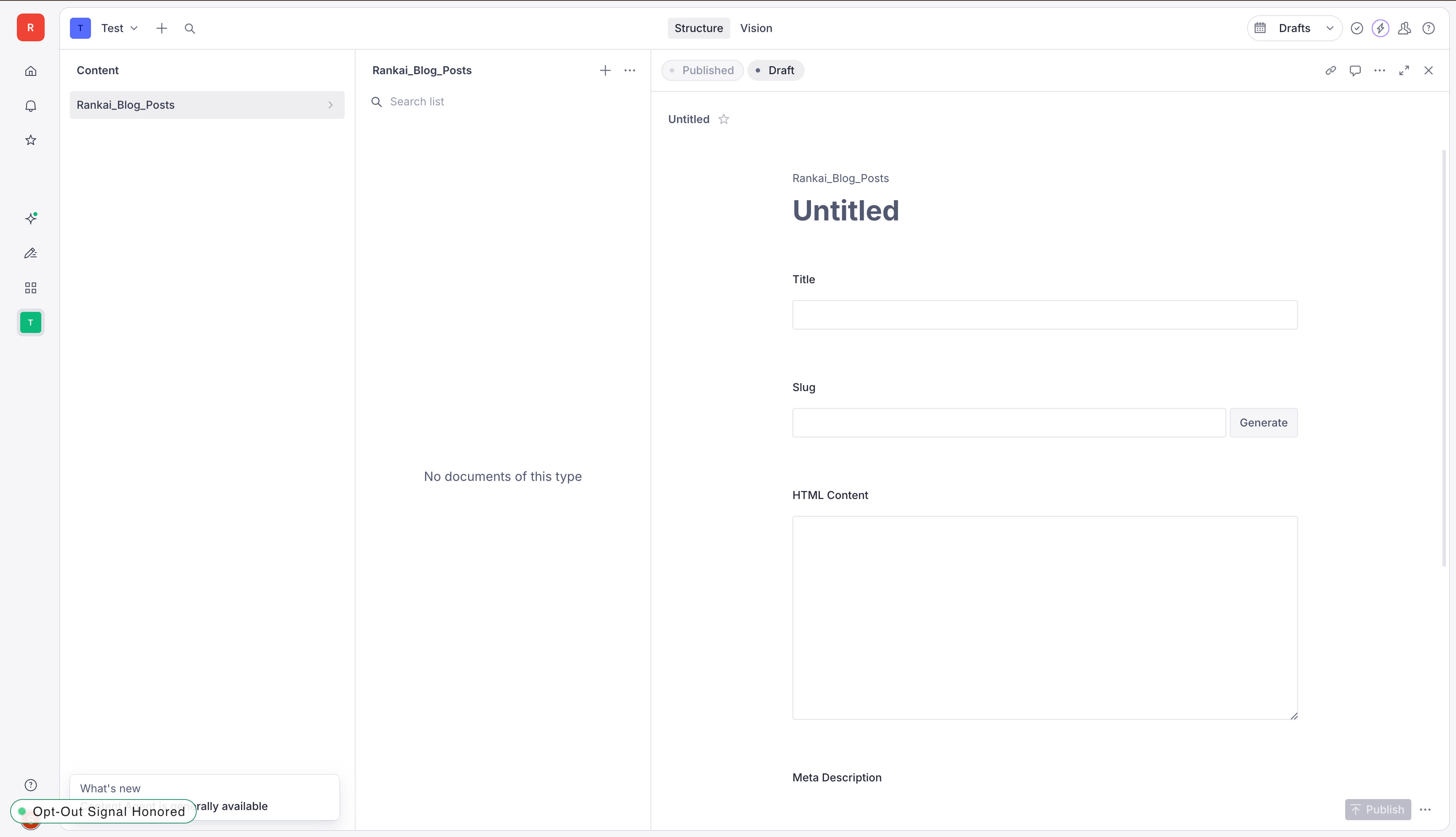 Sanity Studio showing the RankAI schema configured successfully