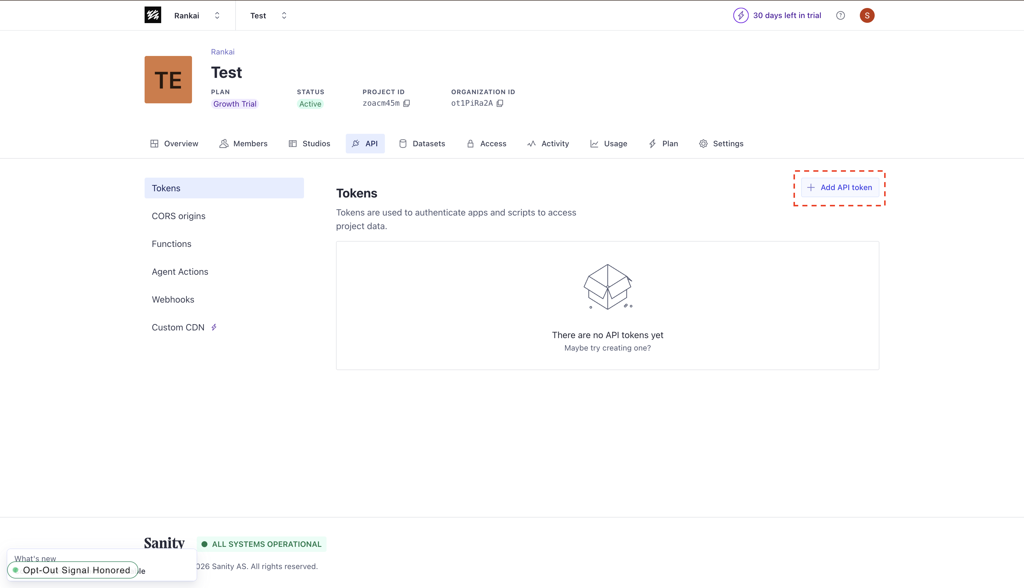 Sanity API Tokens page with the Add API token button highlighted
