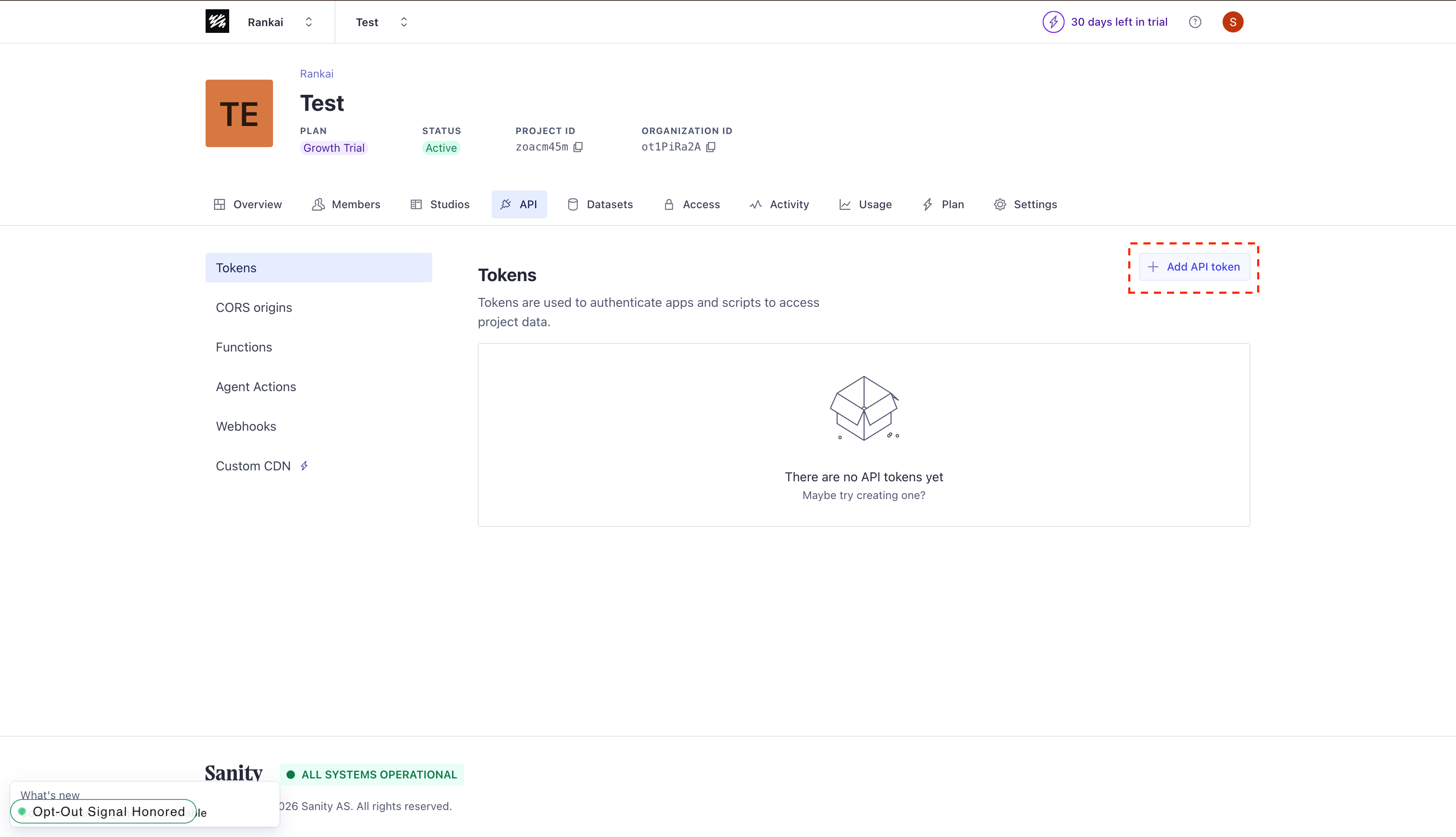 Sanity API Tokens page with the Add API token button highlighted