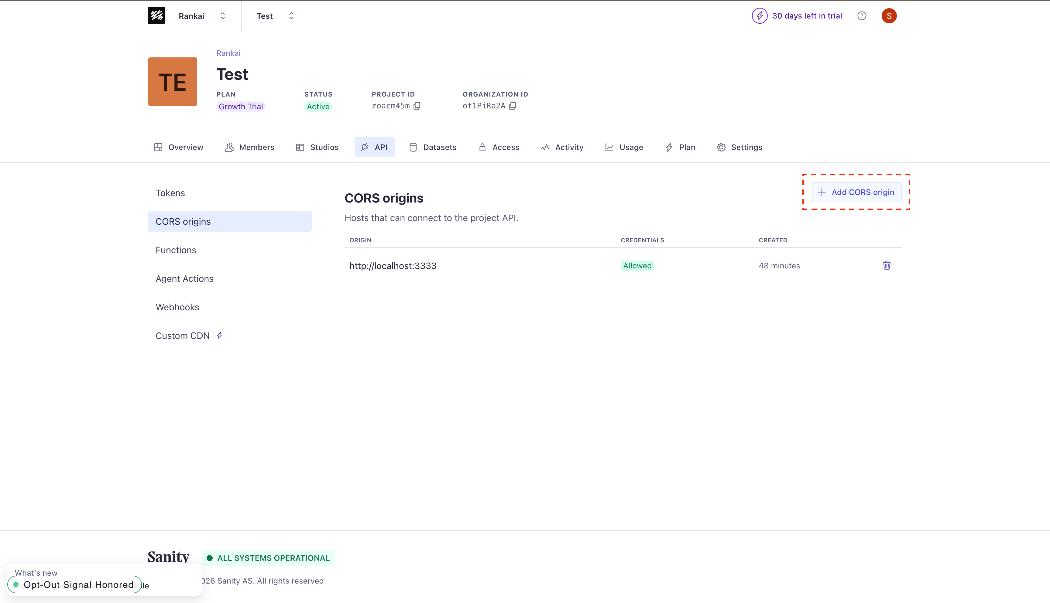Sanity CORS origins page with the Add CORS origin button highlighted