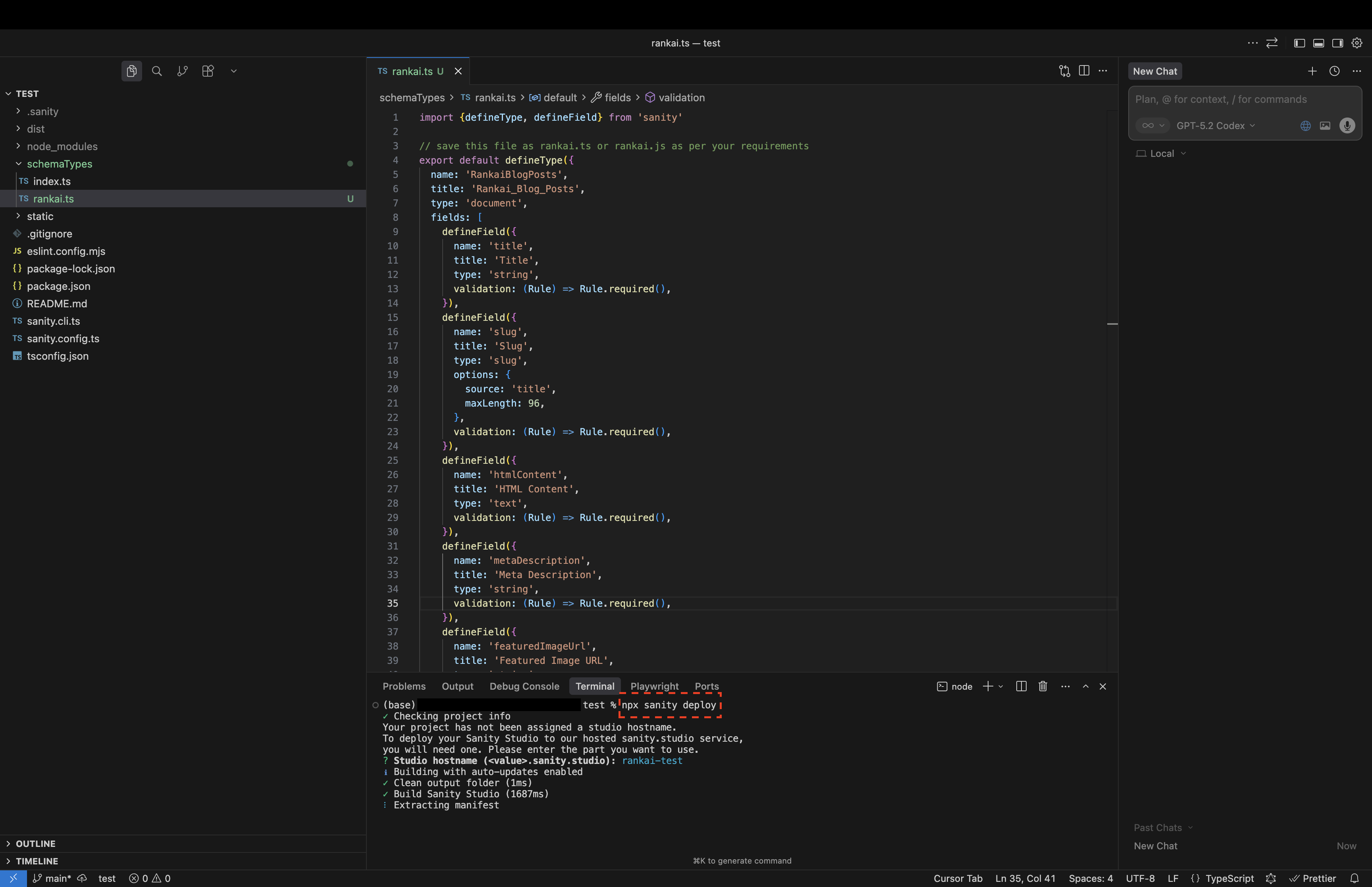 Terminal command showing Sanity schema deployment