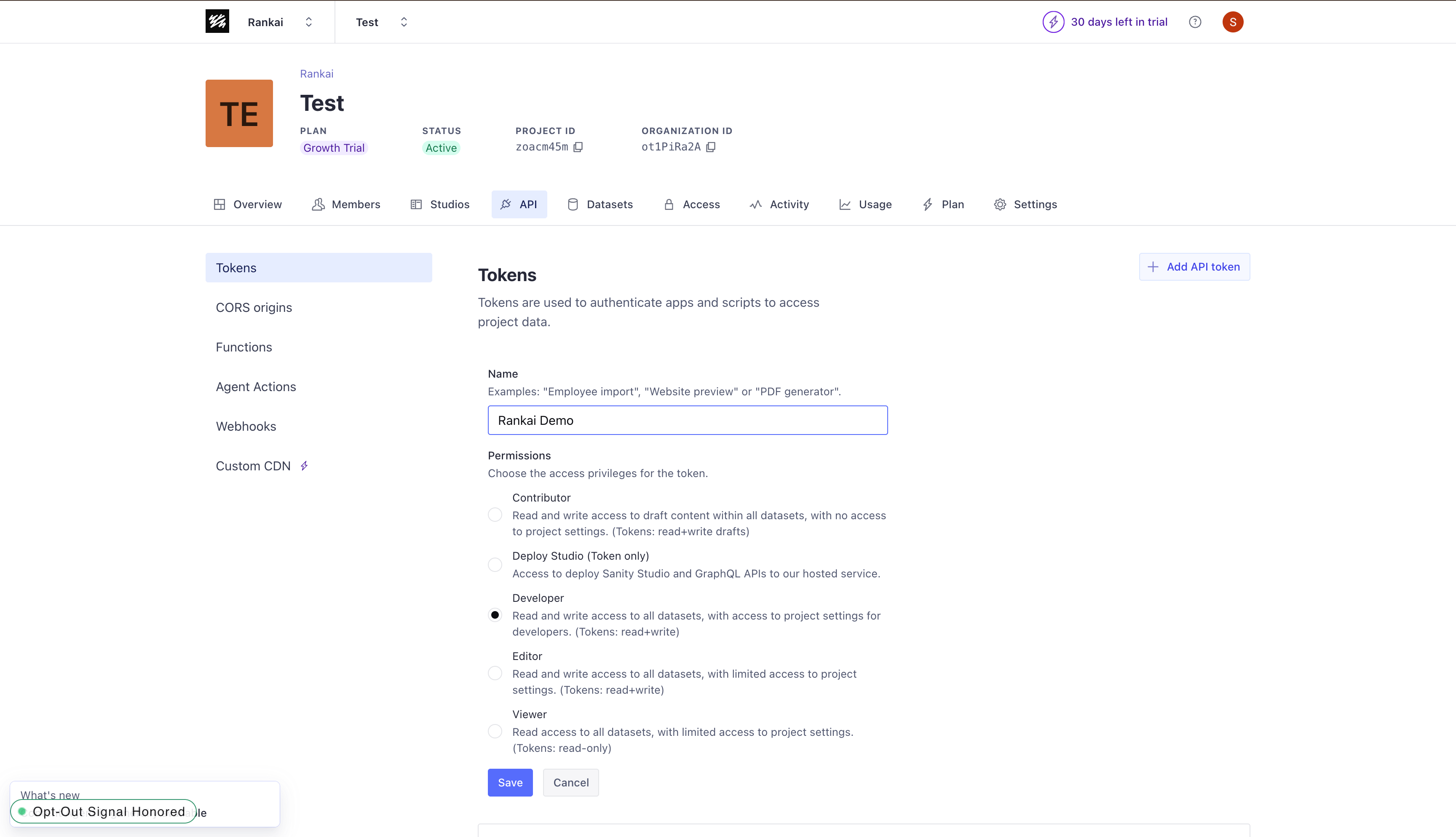 Sanity API token configuration with Developer permissions selected