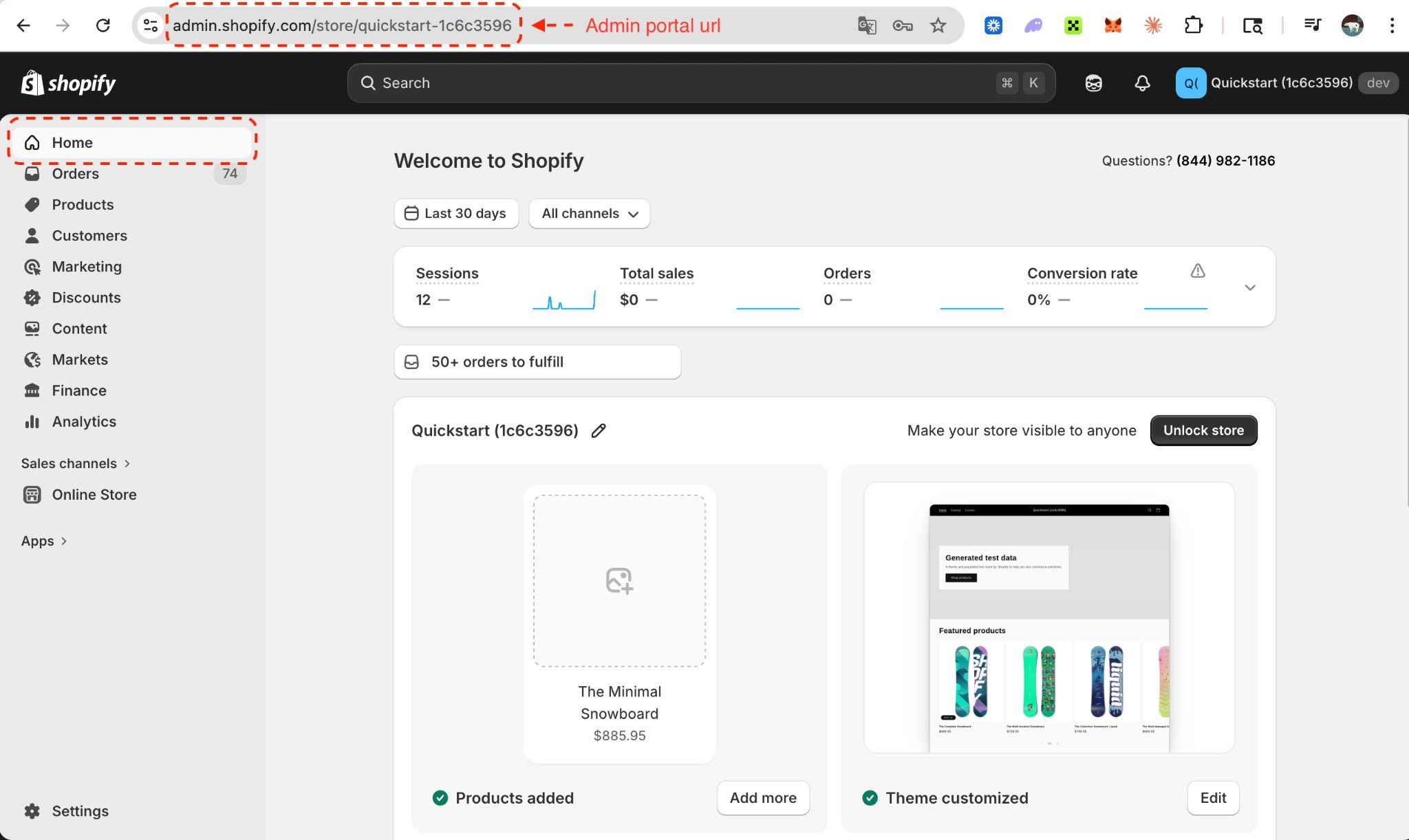 Shopify Admin dashboard with browser URL bar showing the Admin Portal URL