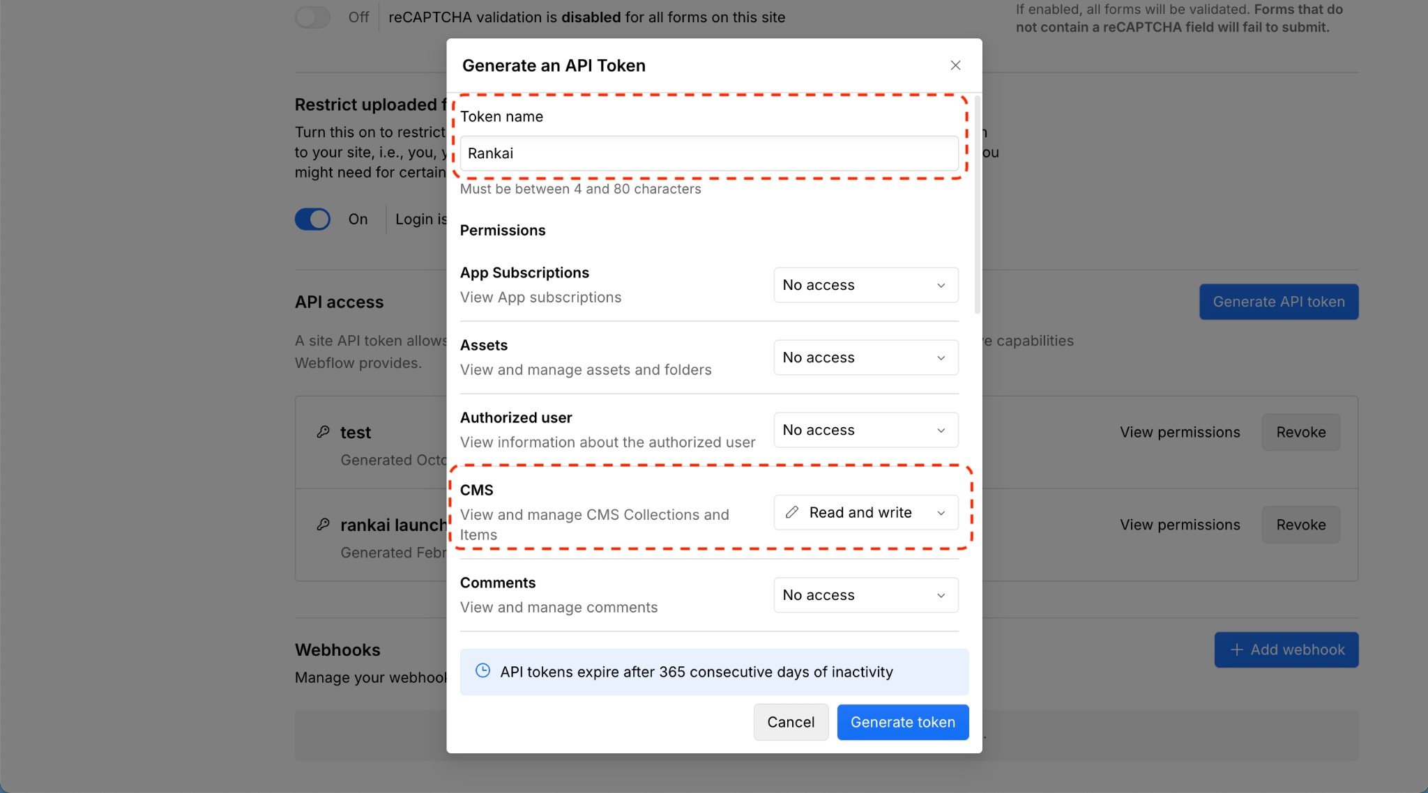 Generate an API Token modal with token name and CMS permissions