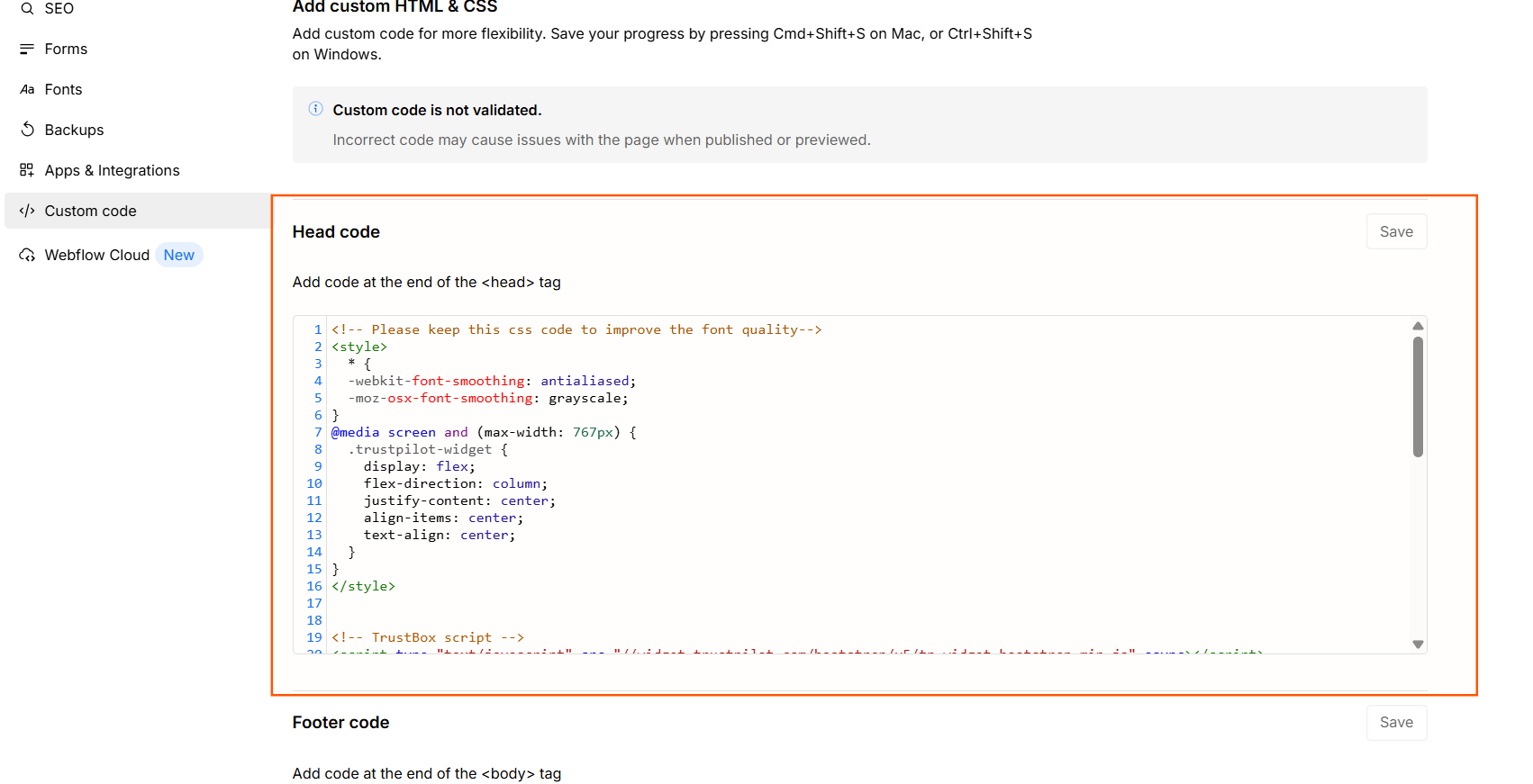 Custom Code tab