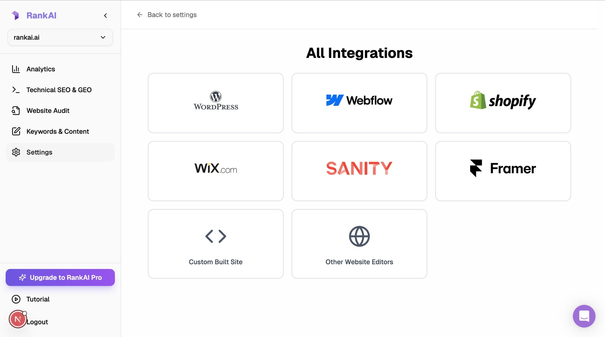 RankAI All Integrations screen with Wix.com option