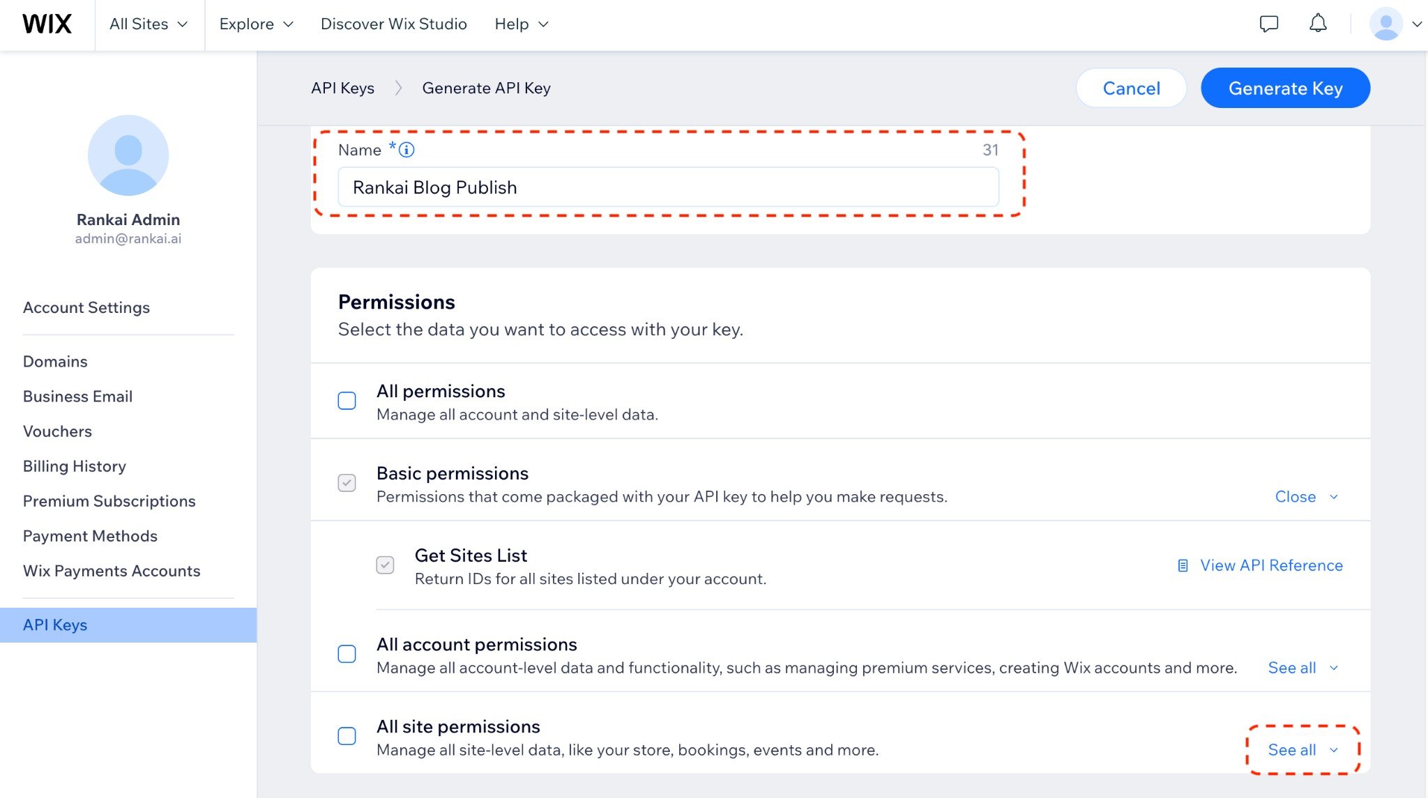 Generate API Key screen with Name field and All site permissions