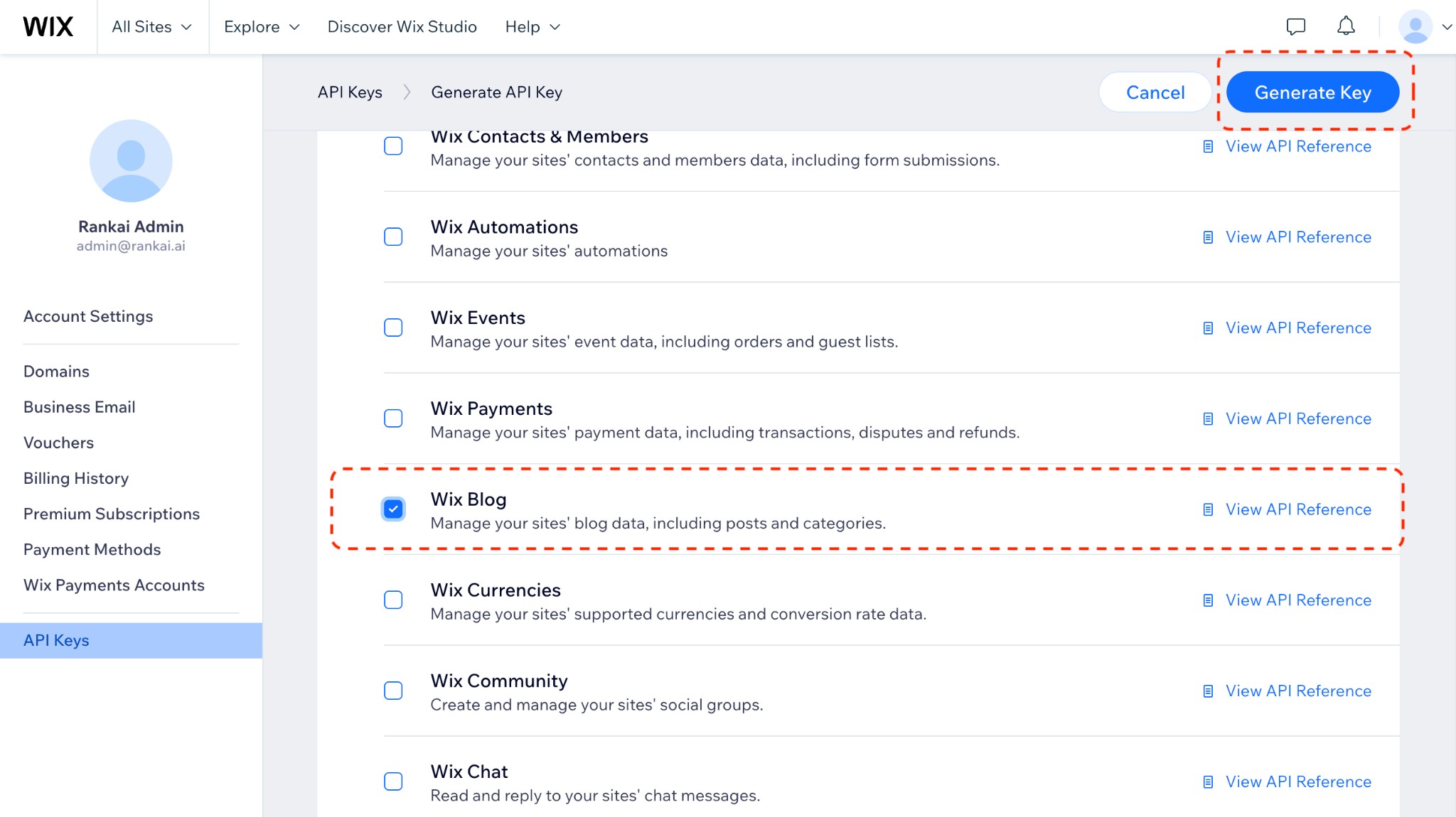 Wix Blog permission selected and Generate Key button