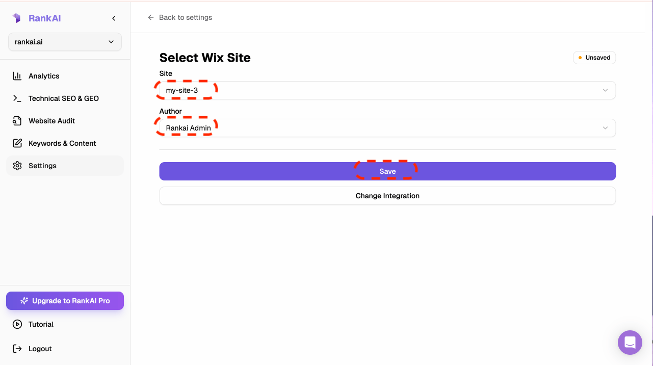 Select Wix Site screen with Site and Author dropdowns