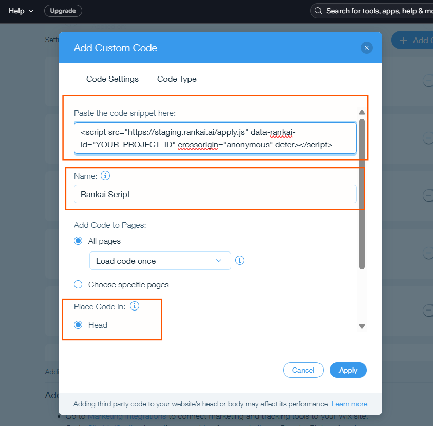 Add Code button