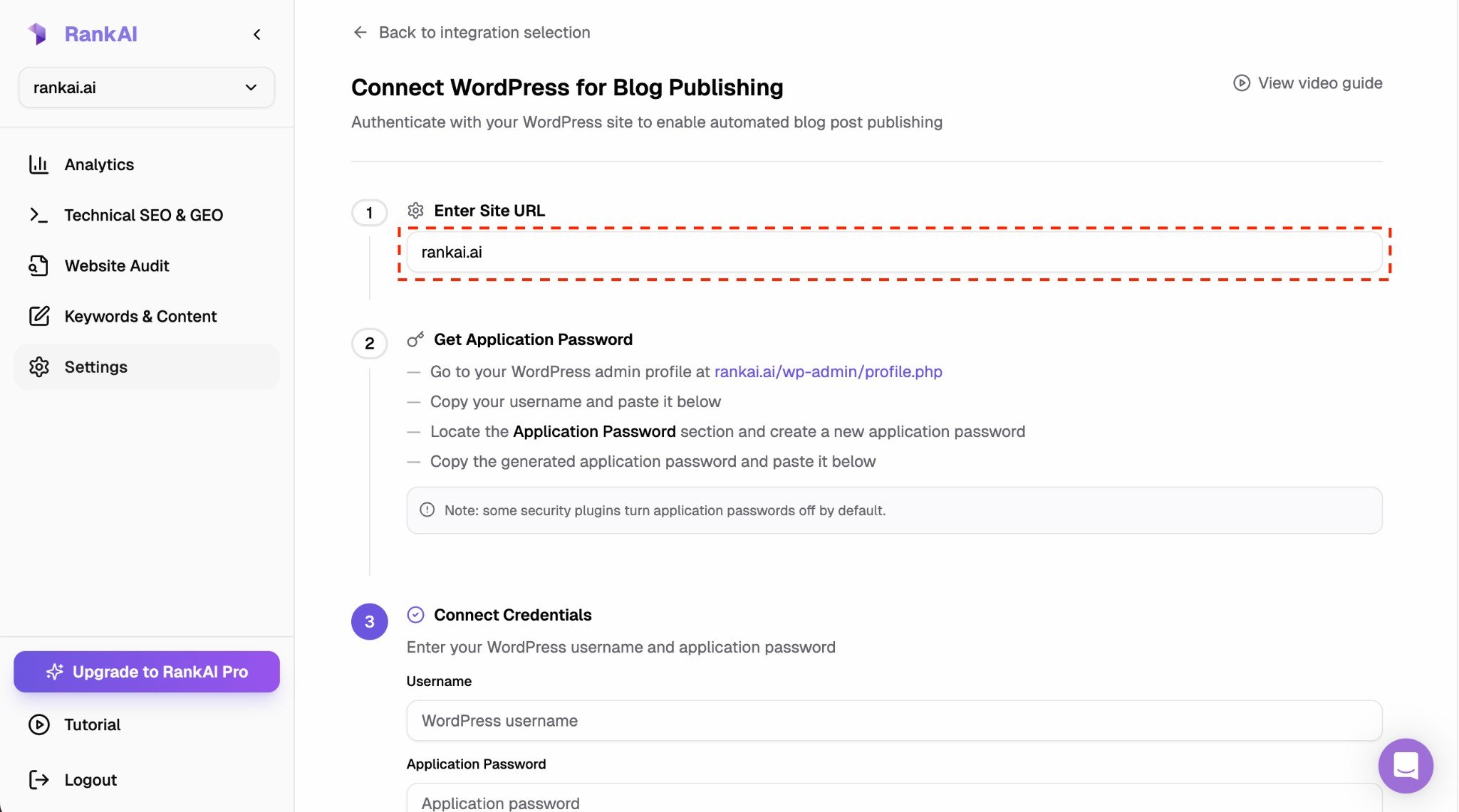 RankAI integration settings showing the Enter Site URL field
