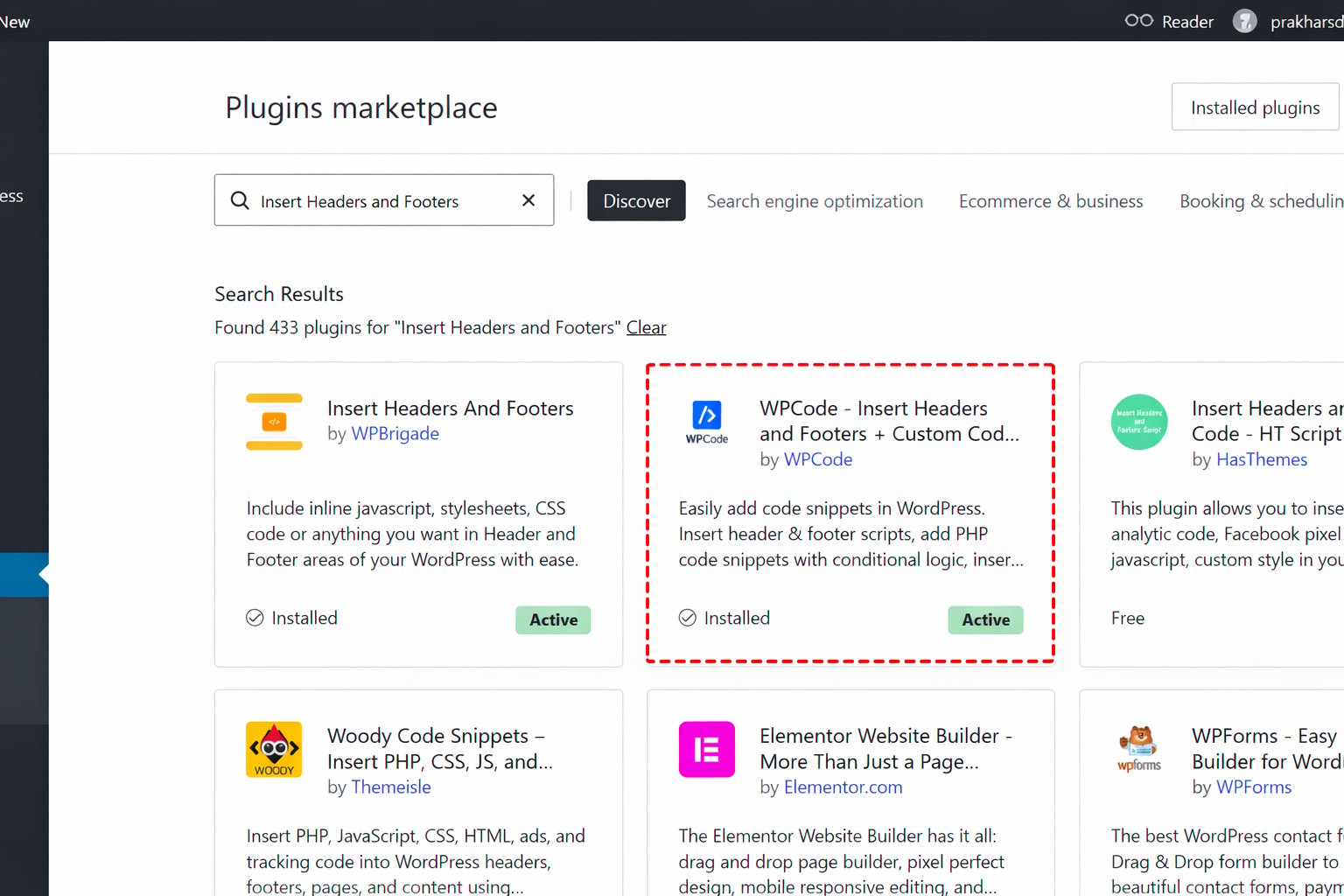 Search for Insert Headers and Footers plugin