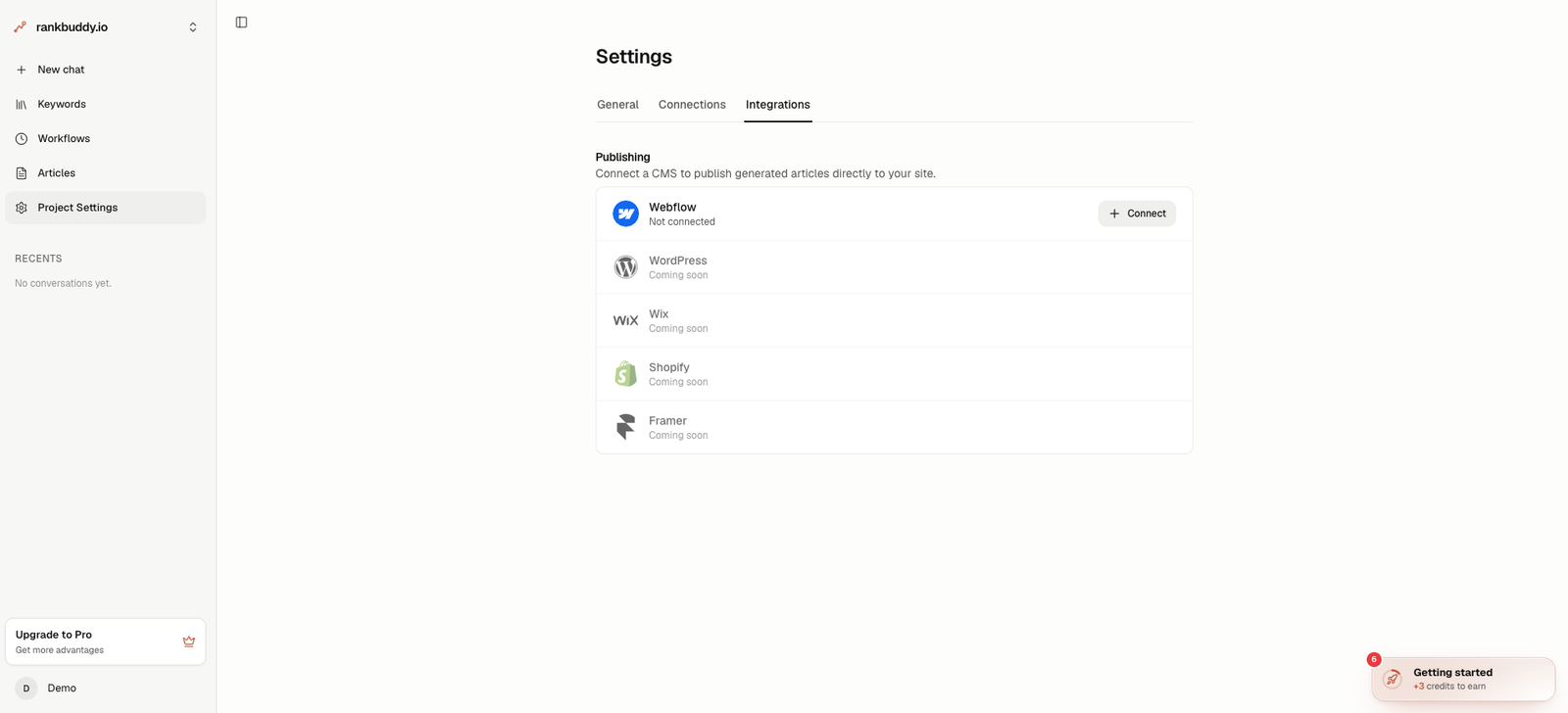 Settings → Integrations, with Webflow listed as Not connected and a Connect button