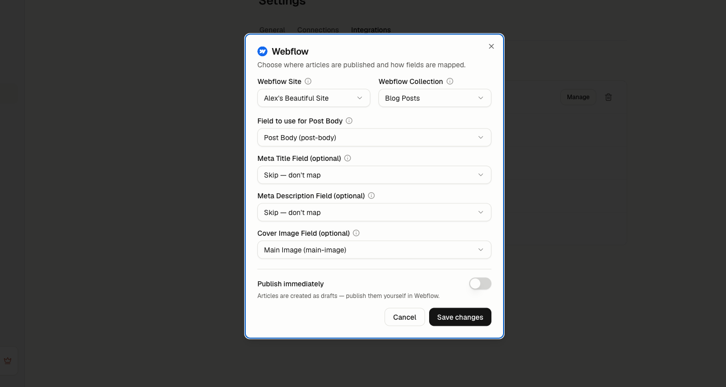 The Webflow setup dialog with site, collection, field mapping, and the Publish immediately toggle