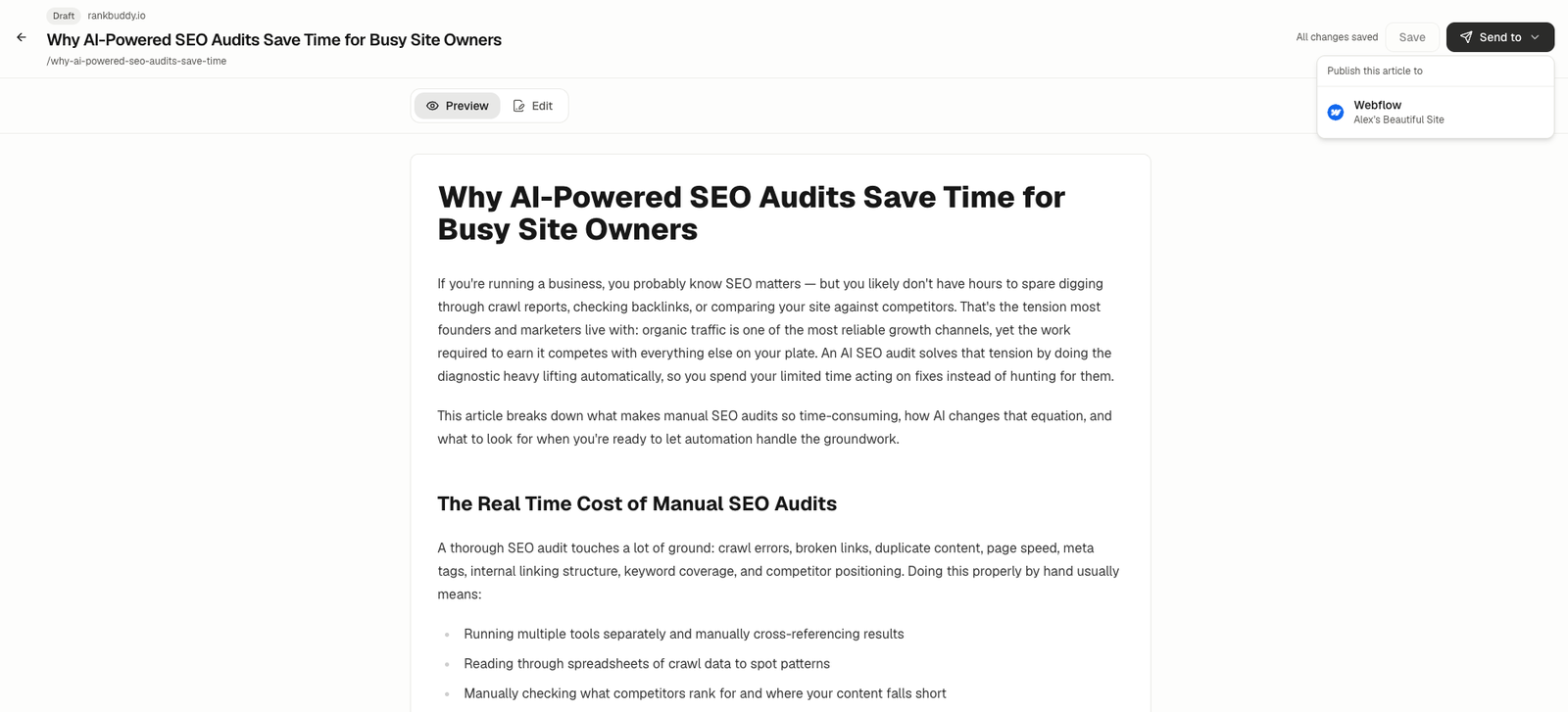 An article in RankBuddy with the Send to menu open and Webflow as the destination