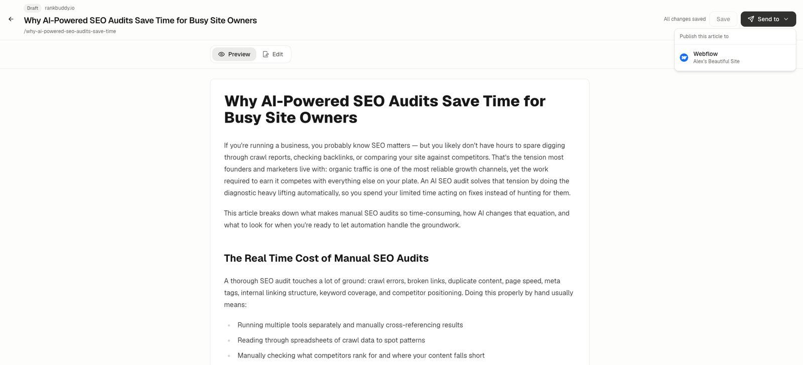 An article in RankBuddy with the Send to menu open and Webflow as the destination