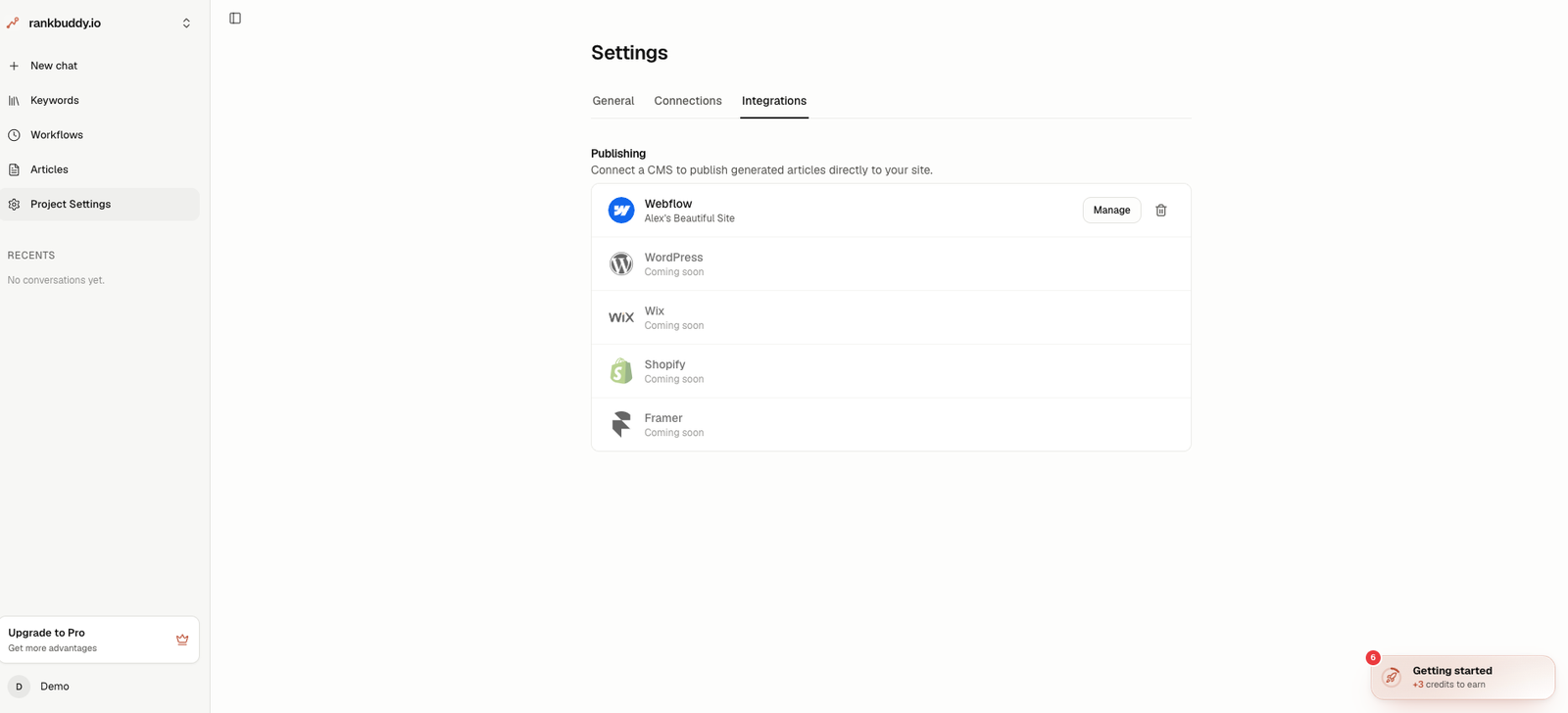 Settings → Integrations with Webflow connected, showing the site name and the Manage and remove controls