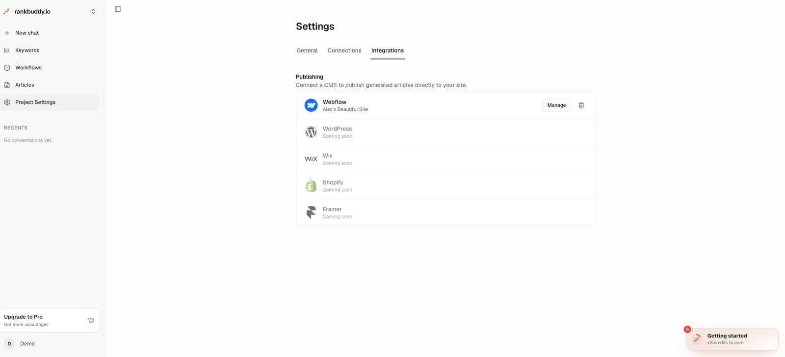 Settings → Integrations with Webflow connected, showing the site name and the Manage and remove controls