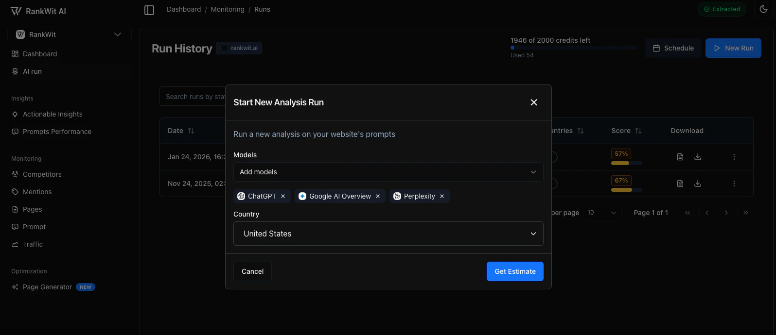 AI Runs - New Run panel with models and location