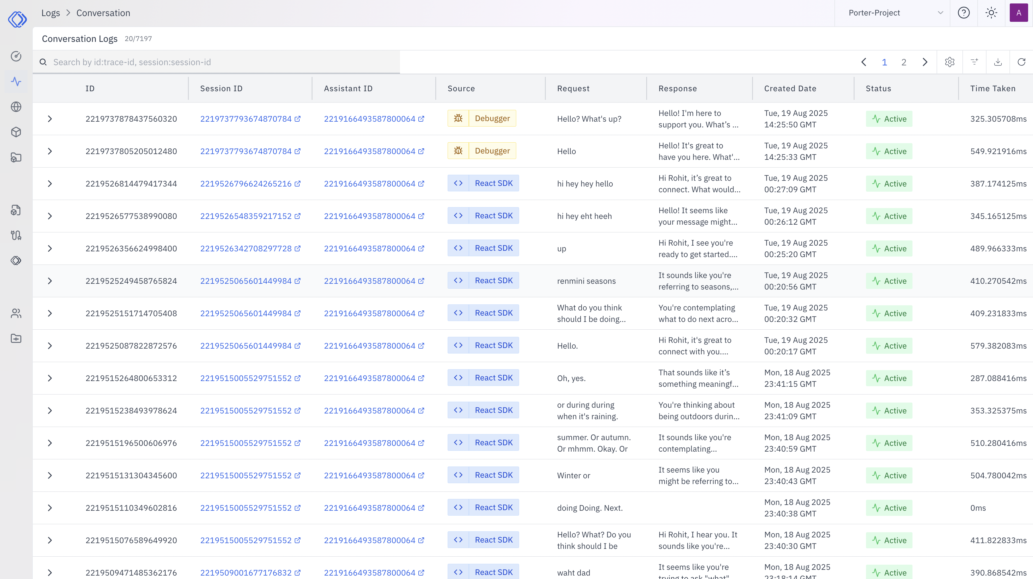 Conversation Logs Overview Table