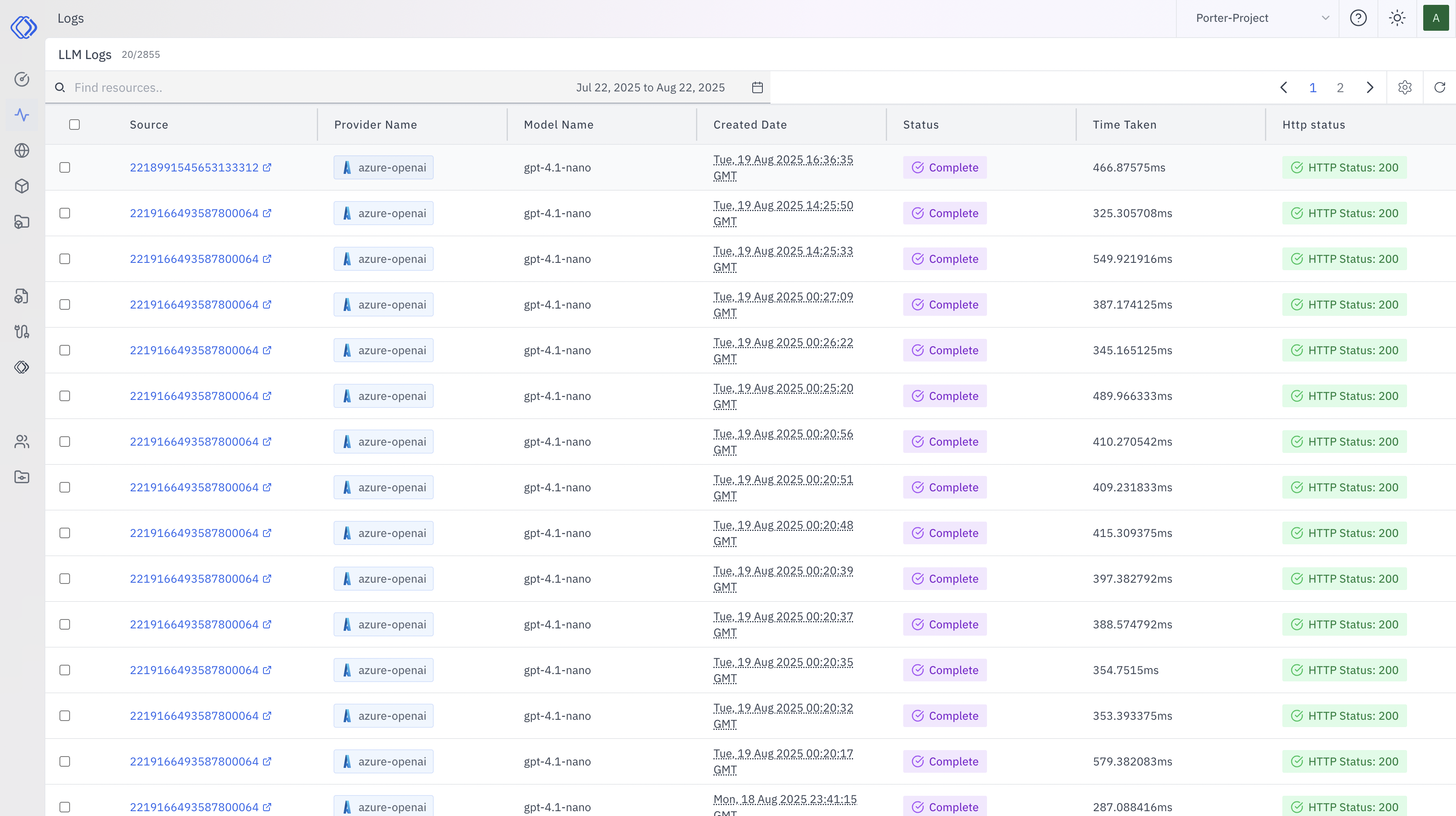 LLM Logs Overview Table
