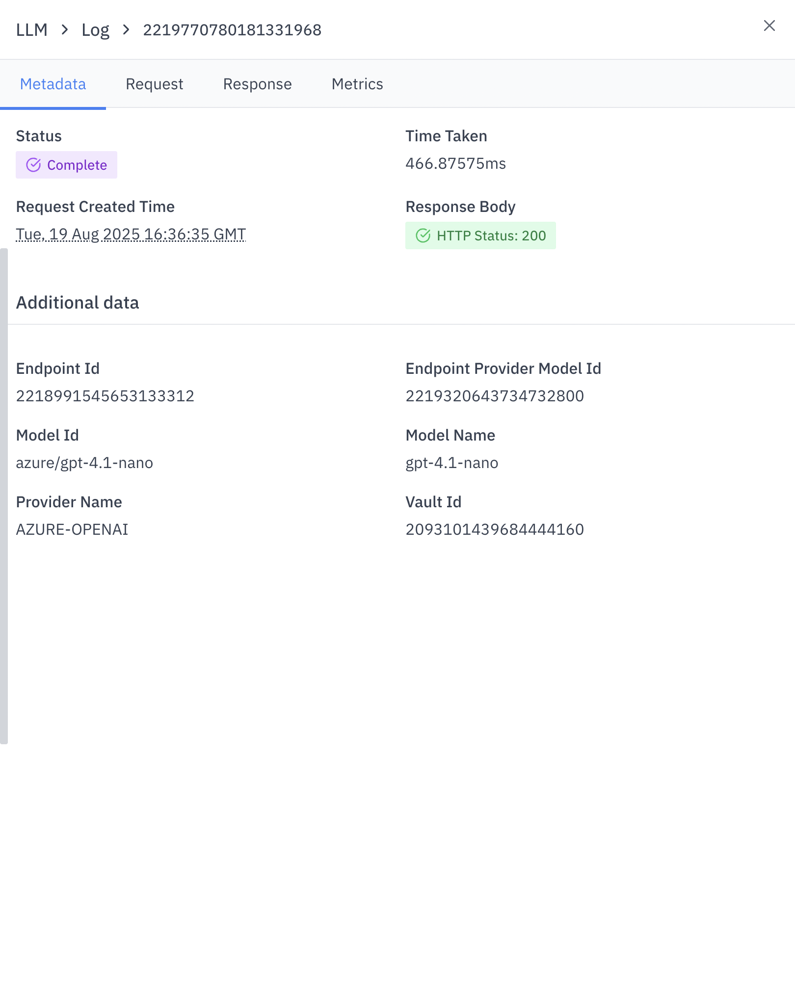 LLM Logs Metadata Tab