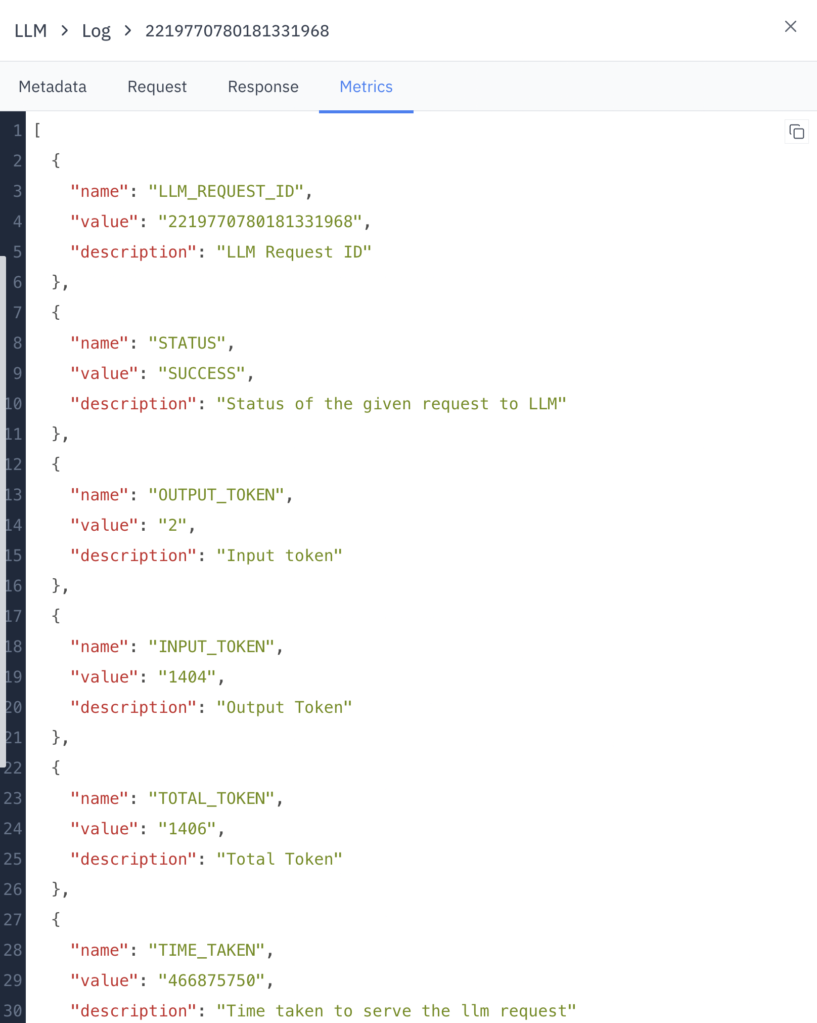 LLM Logs Metrics Tab