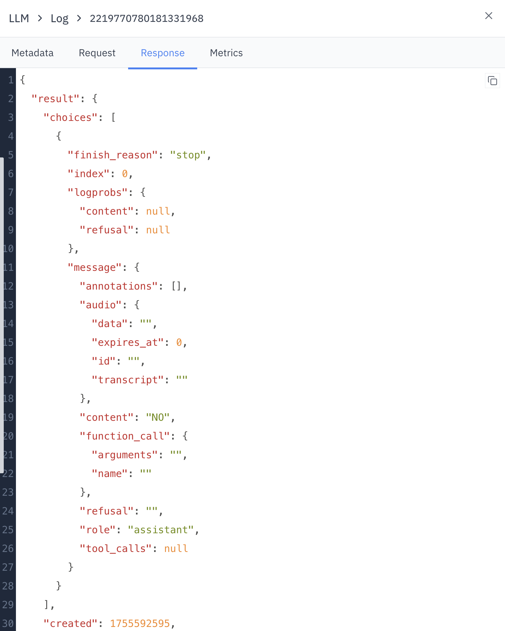 LLM Logs Response Tab