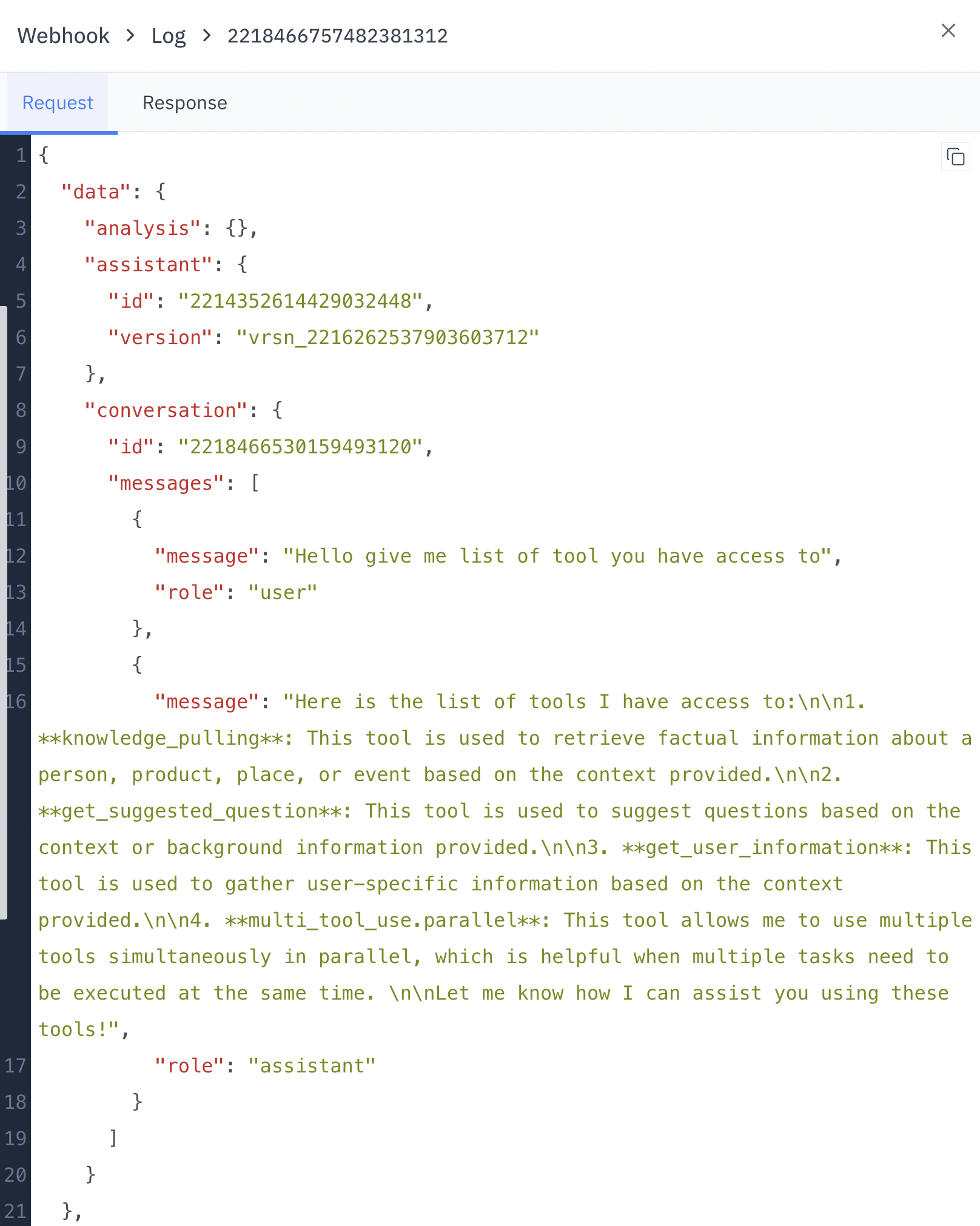 Webhook Logs Request Tab