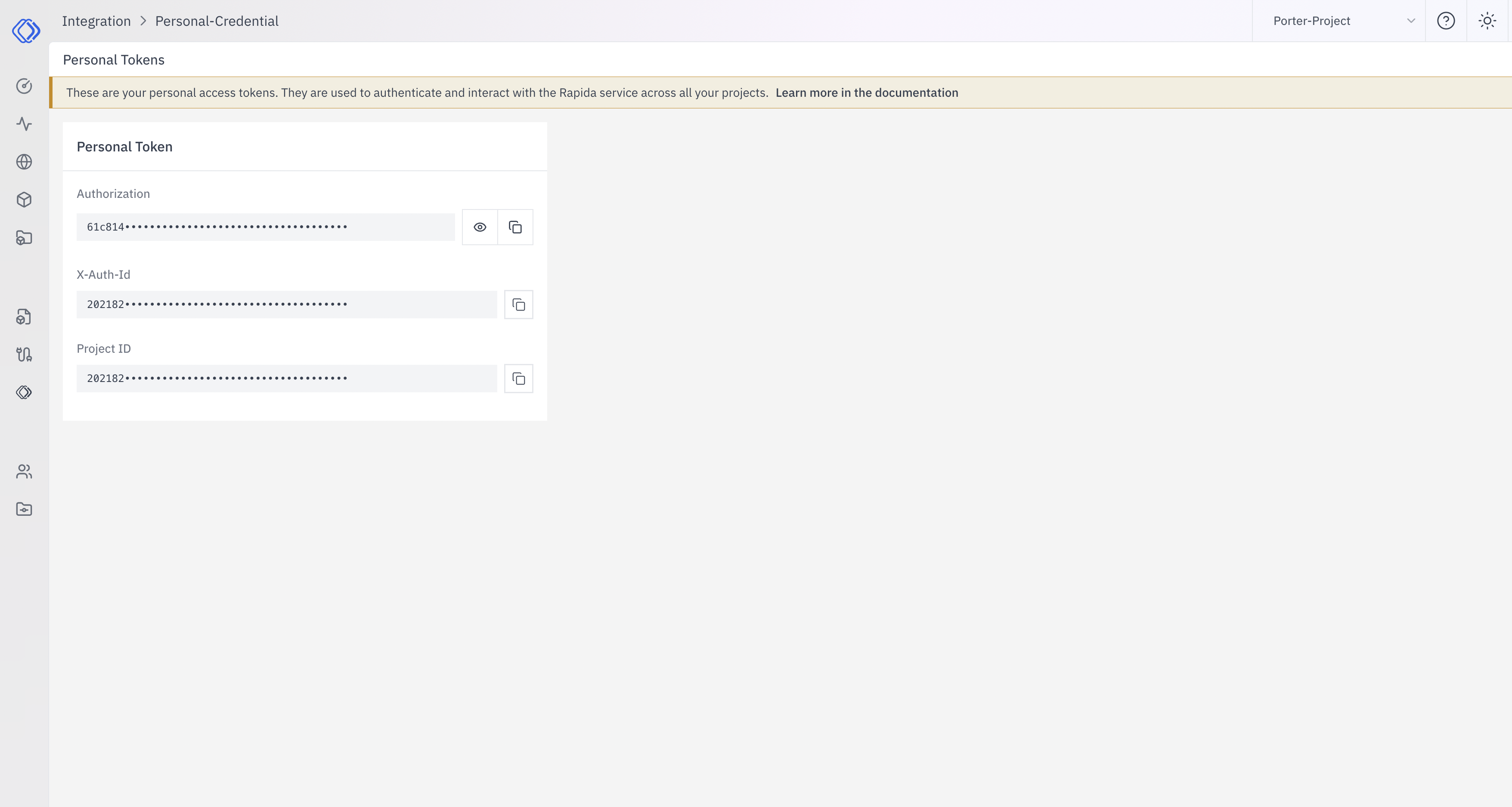 Personal Tokens Page