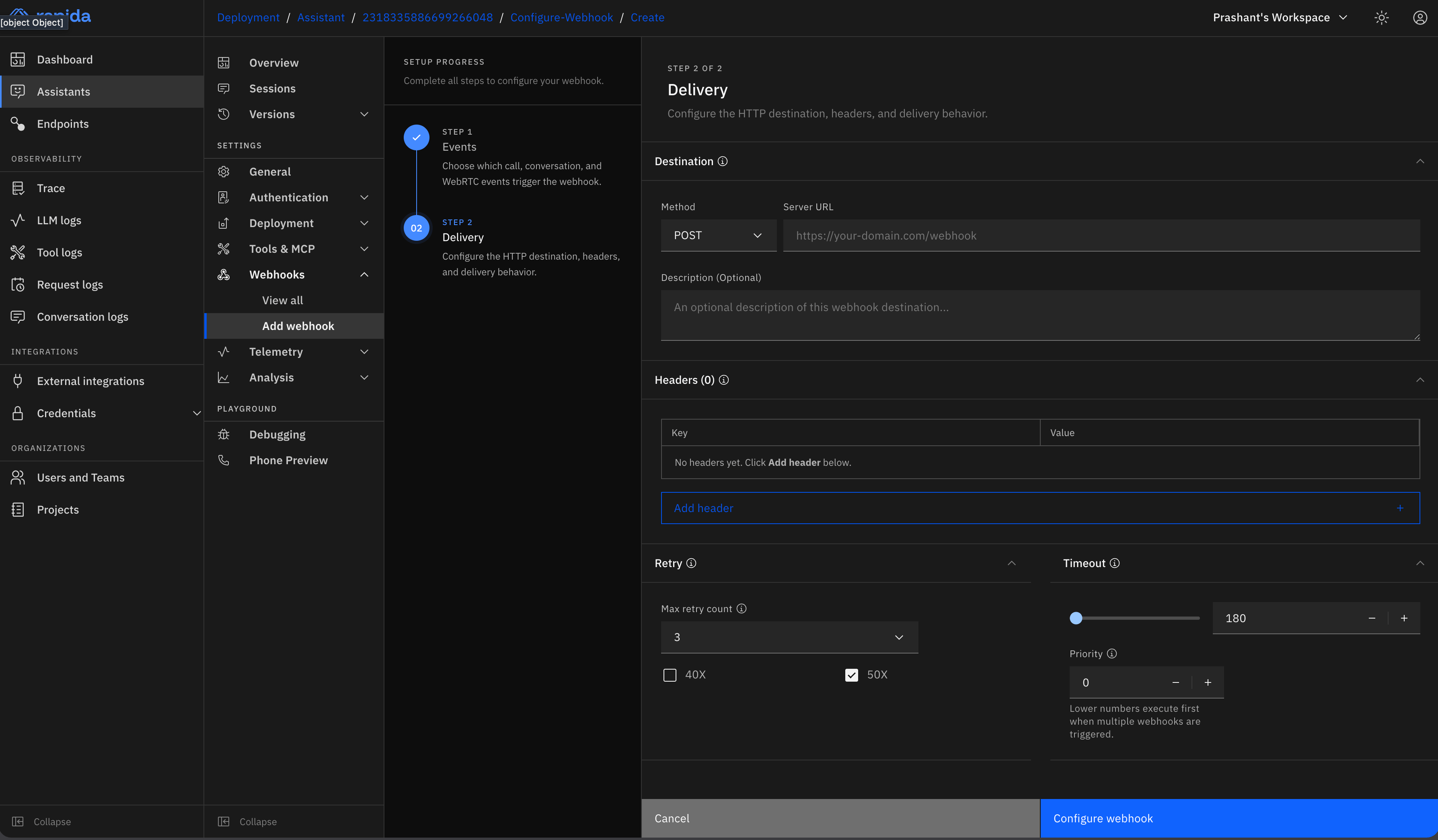Webhook delivery configuration in Rapida