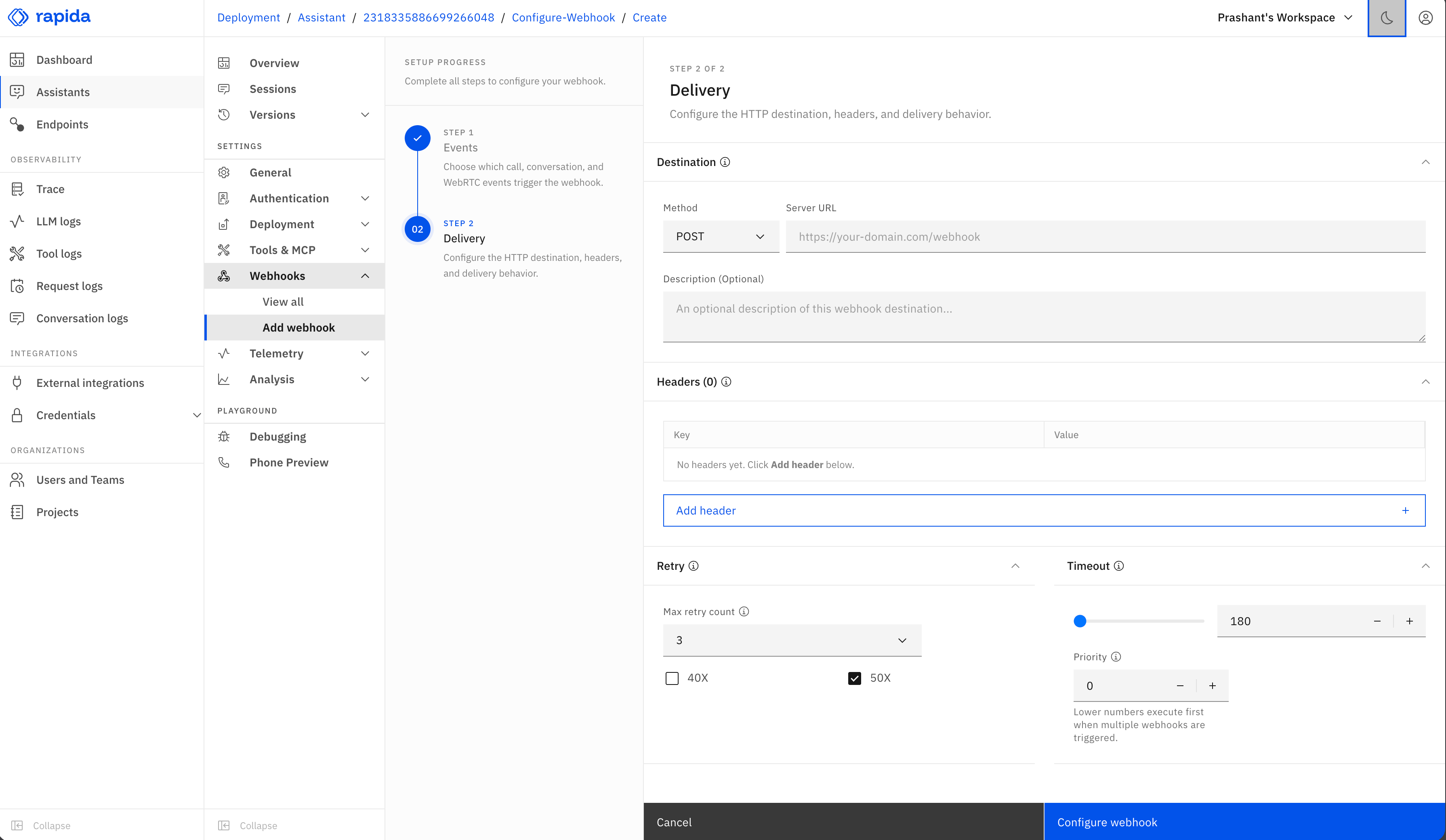 Webhook delivery configuration in Rapida