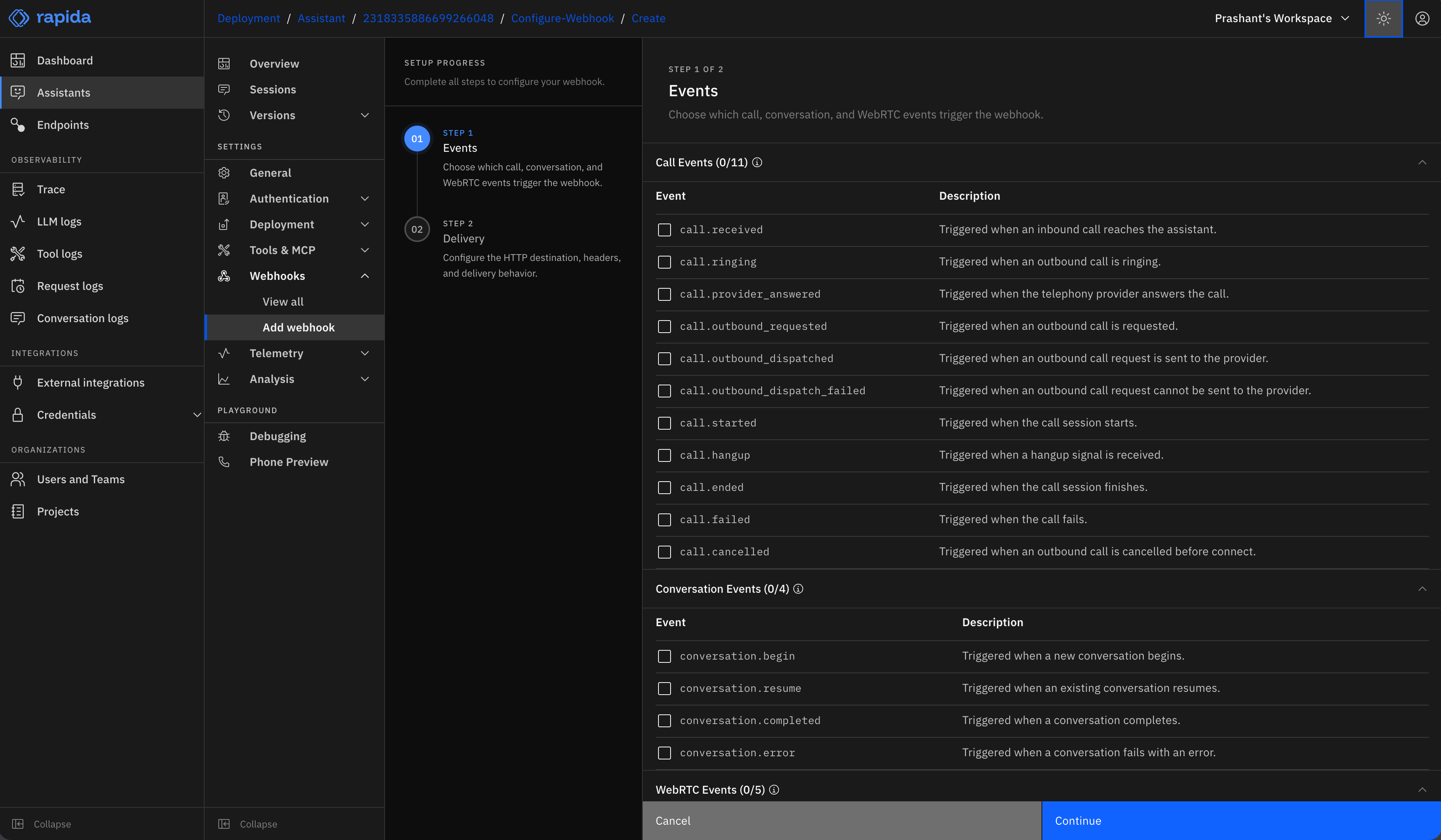 Webhook event selection in Rapida