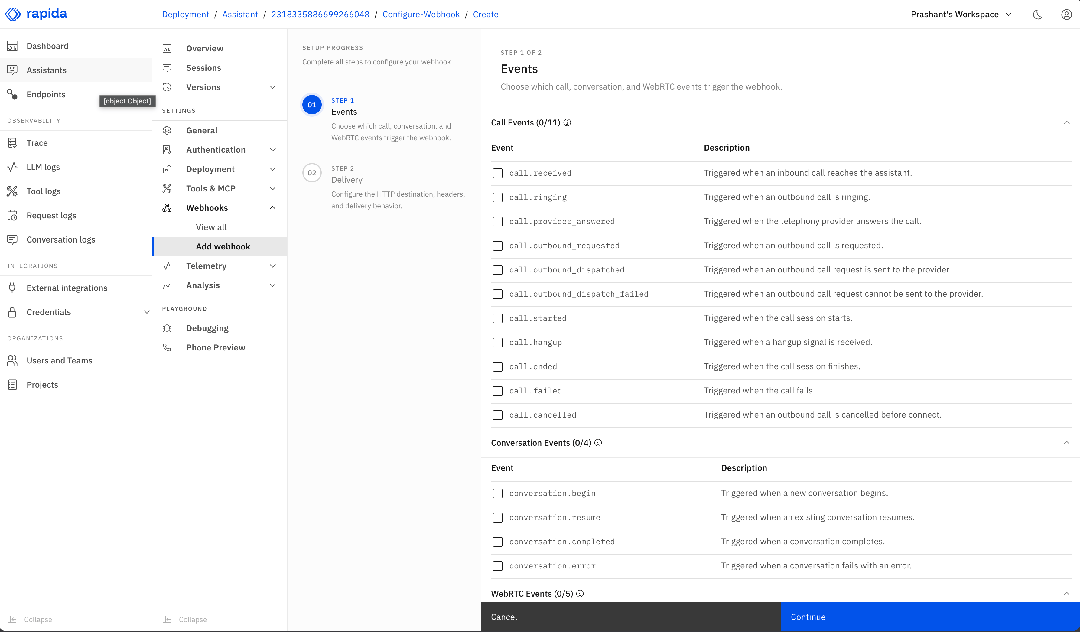 Webhook event selection in Rapida