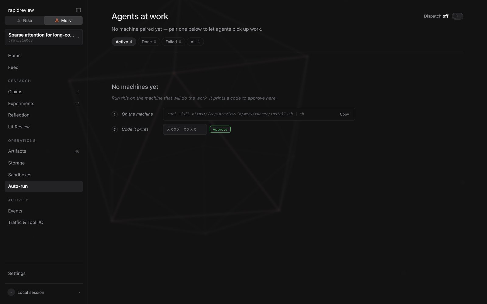 The Auto-run page: pair a machine, then machines with agent inventory and live sessions